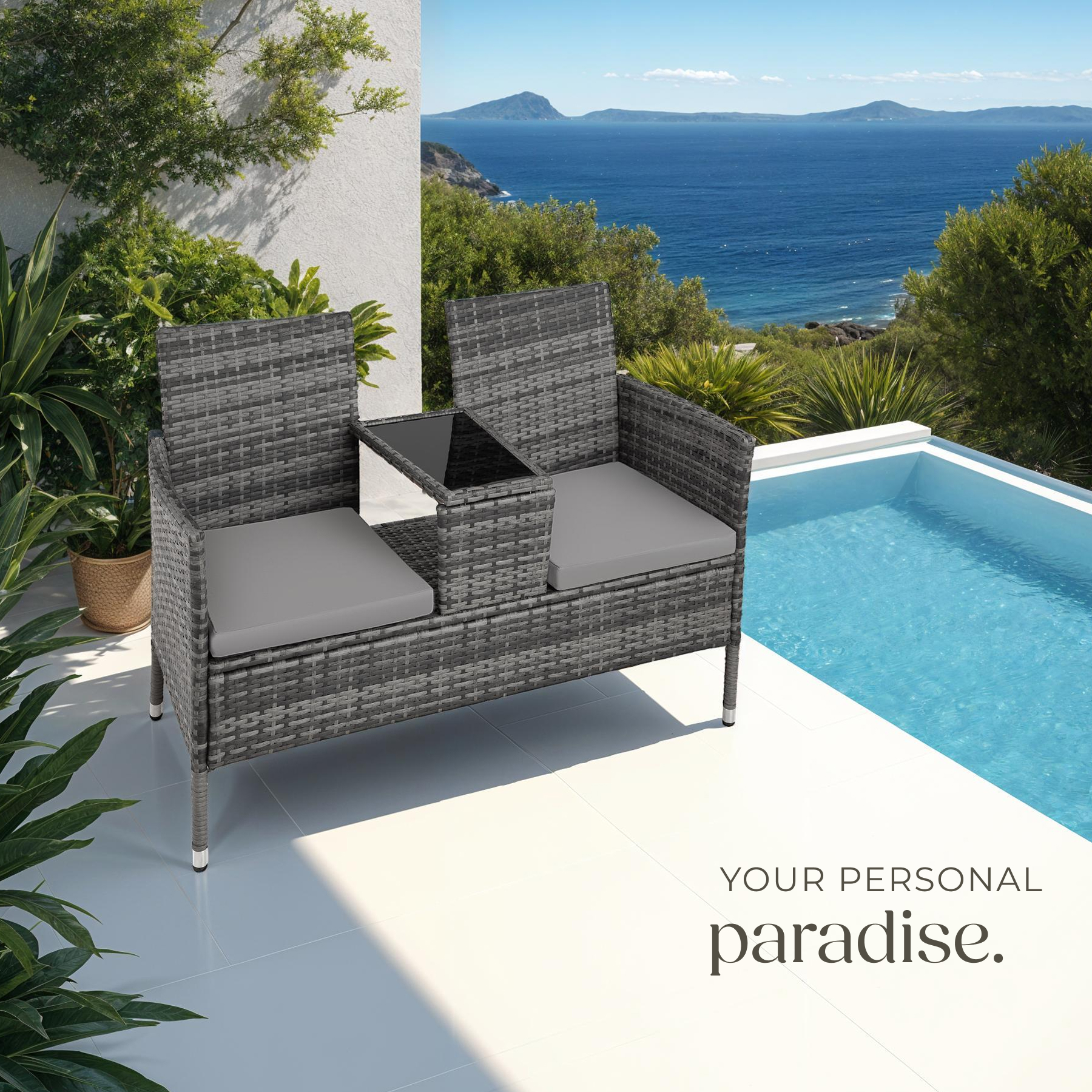 Poly Rattan Bench Glass Table Garden Furniture 2 Seats Wicker Patio Balcony New - Picture 58 of 81