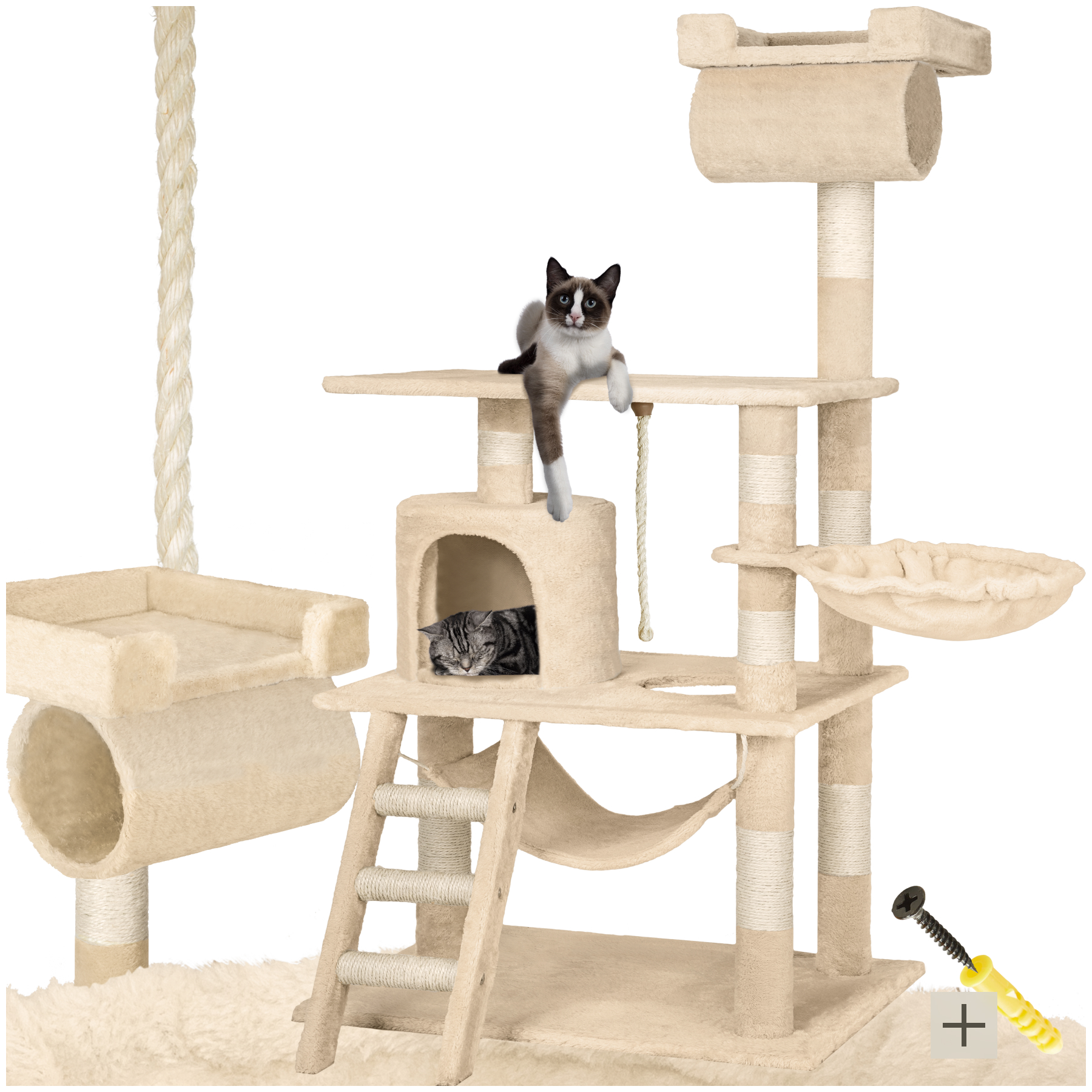 Kratzbaum, 141 cm, Sisal, mit Katzenhaus - beige | tectake