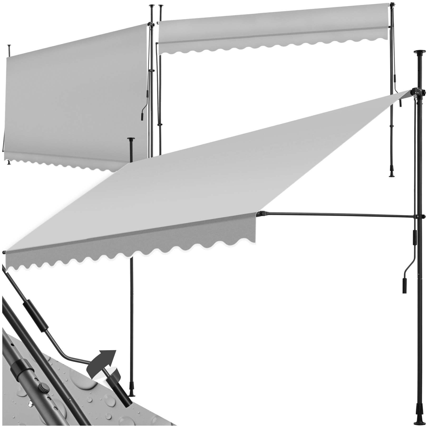 Store à pince sans perçage avec manivelle, réglable en hauteur - 350 x 180 cm, gris clair