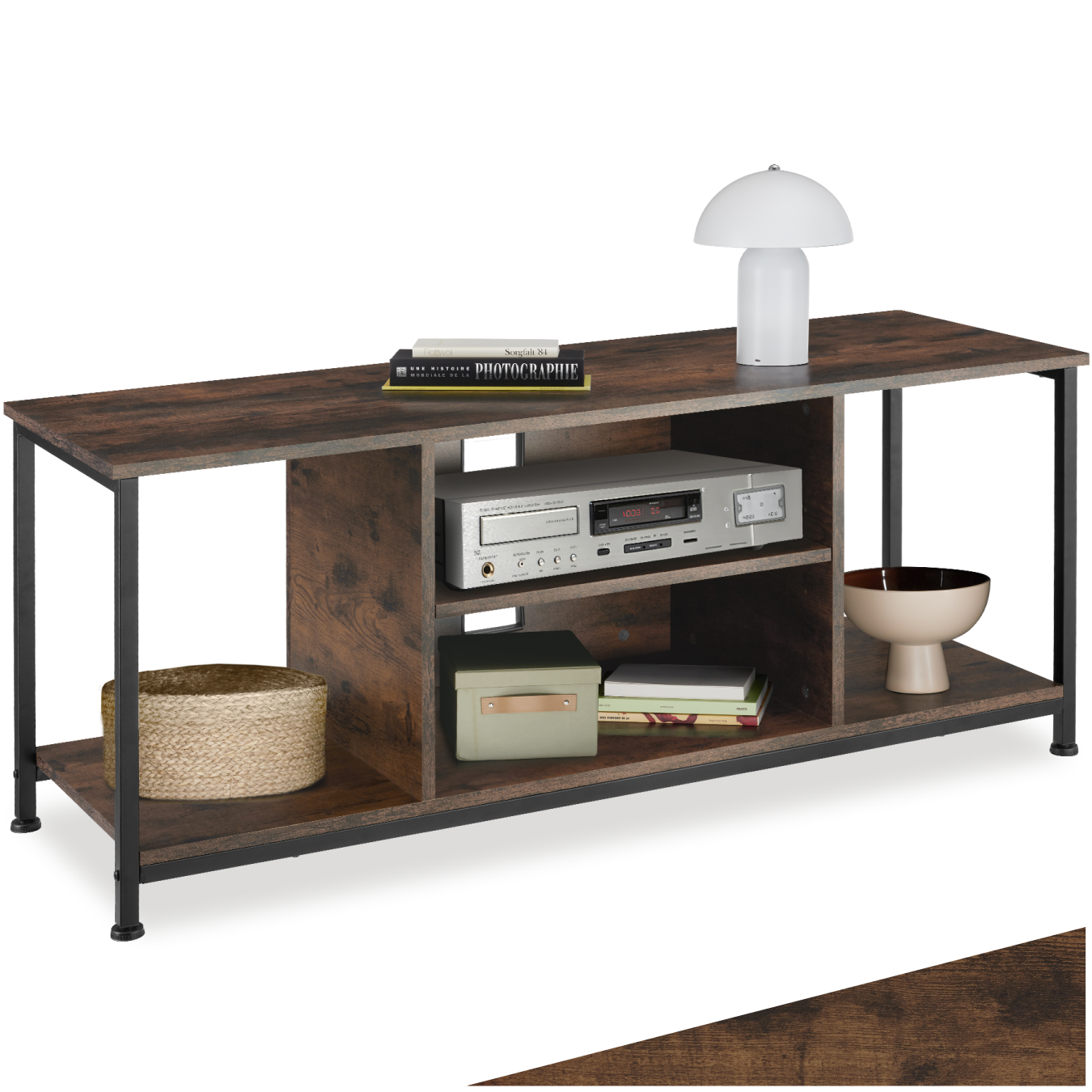 TV-Regal mit 4 offenen Fächern und verstellbarem Einlegeboden - 120 cm, Industrial Holz dunkel, rustikal