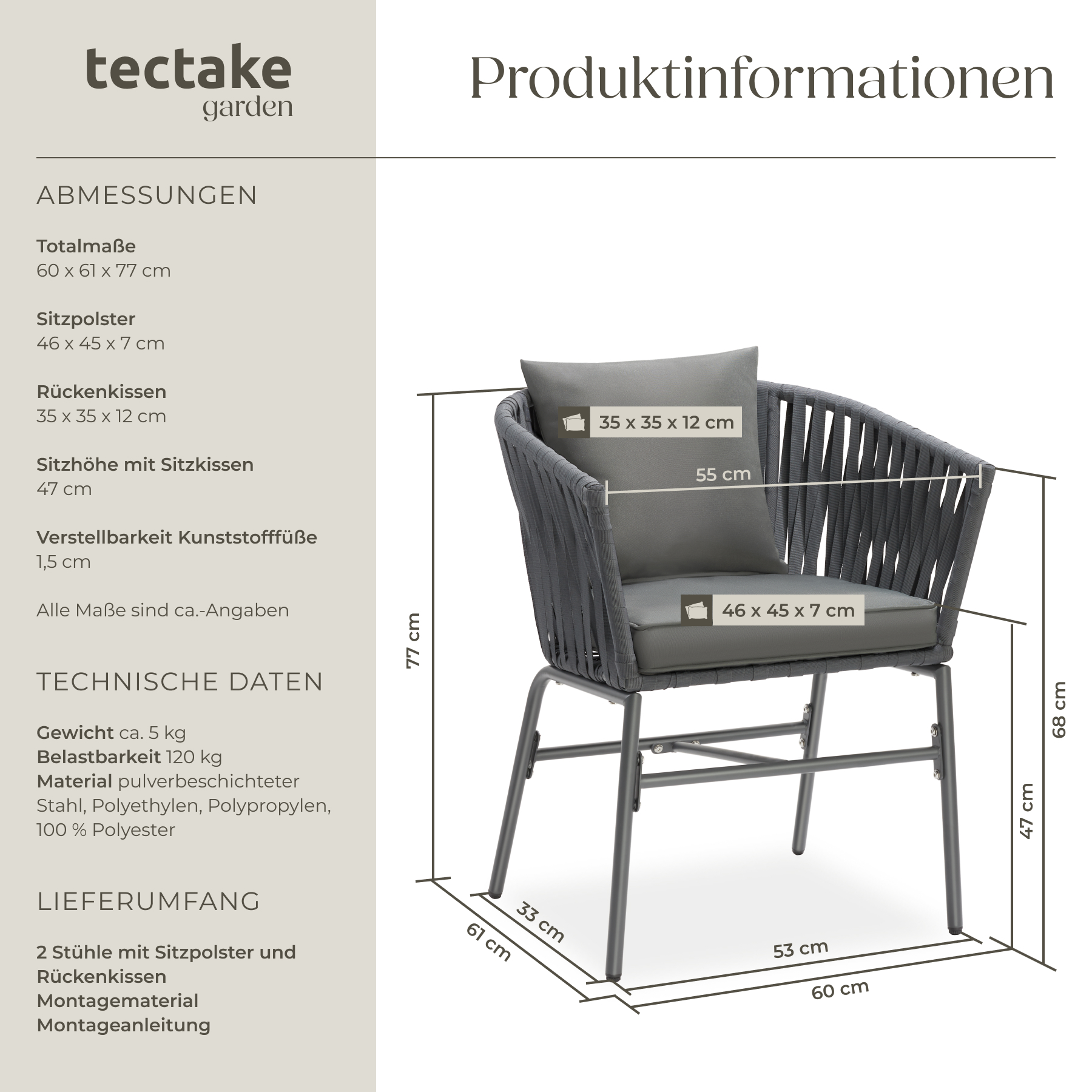 Stuhlset im Rope-Design Dicke Polster Gartenstuhl Balkonstuhl Terrassenstuhl - Bild 7 von 37