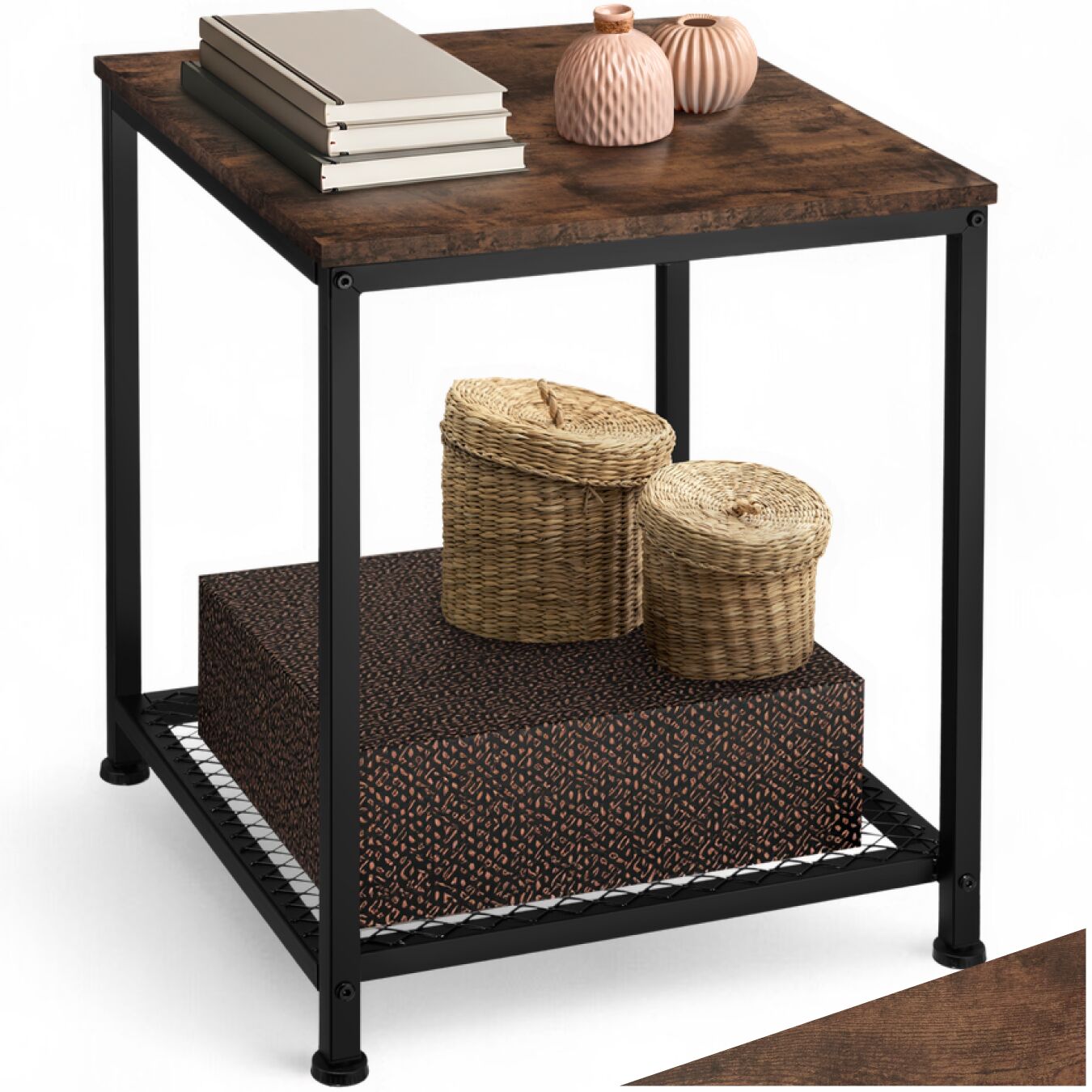 Bedside Table Derby - industrial style, with grid shelf, 45.5 x 45.5 x 55.5 cm - Industrial wood dark, rustic | tectake