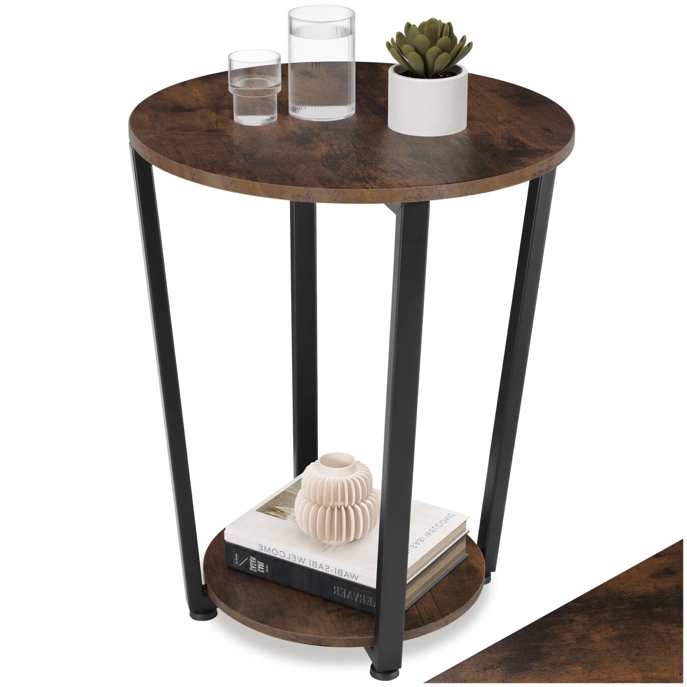 Bedside Table Swindon - industrial style, round with large and small shelf, 50 x 62.5 cm - Industrial wood dark, rustic | tectake