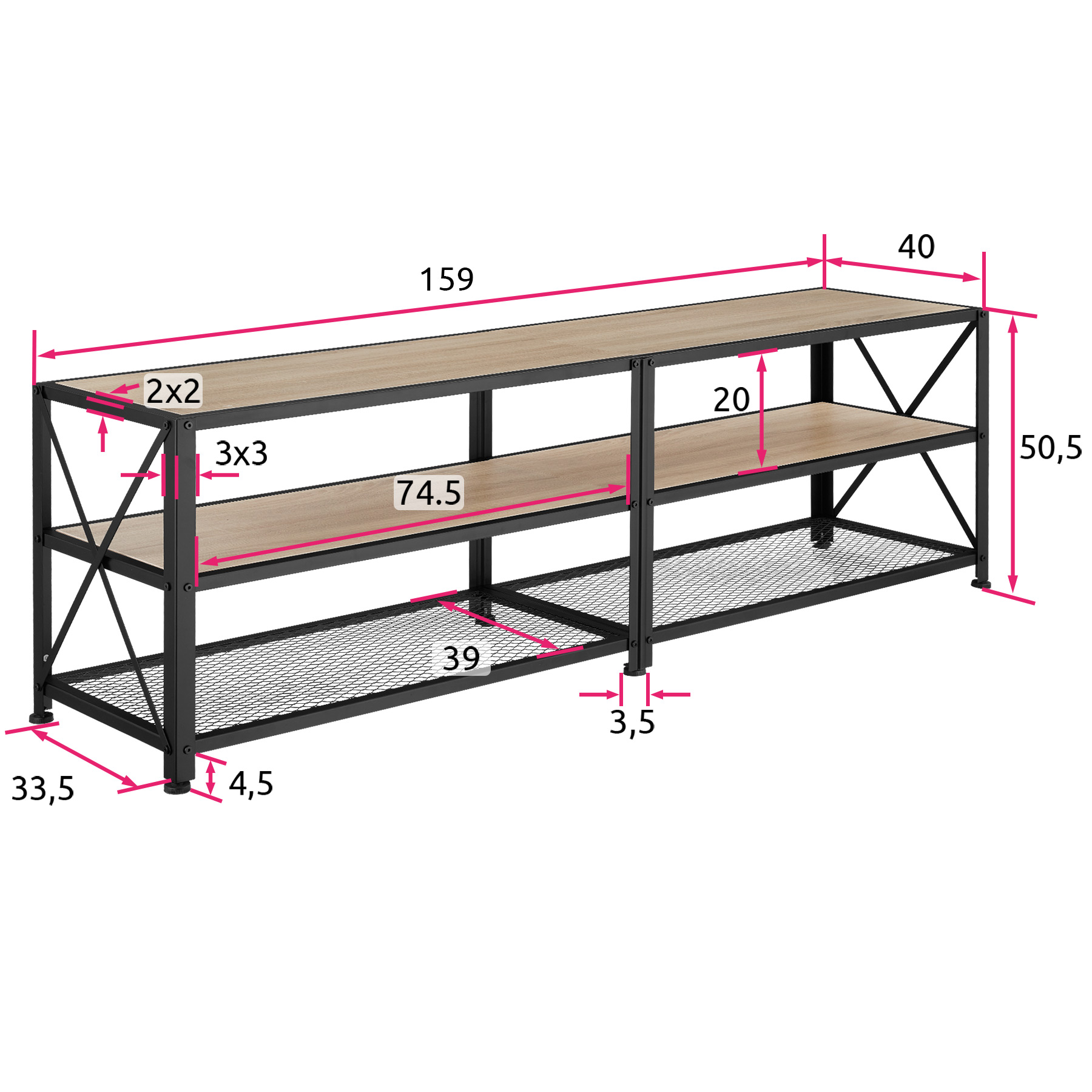 TV Schrank Lowboard TV-Regal offener Fernsehtisch Holz Metall Industrie Design