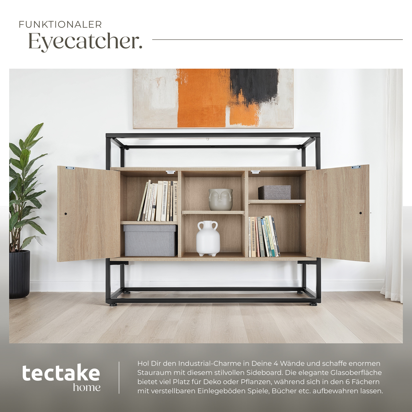 Sideboard Beistellschrank Küchenschrank mit Glasoberfläche Holz Metall Industrie