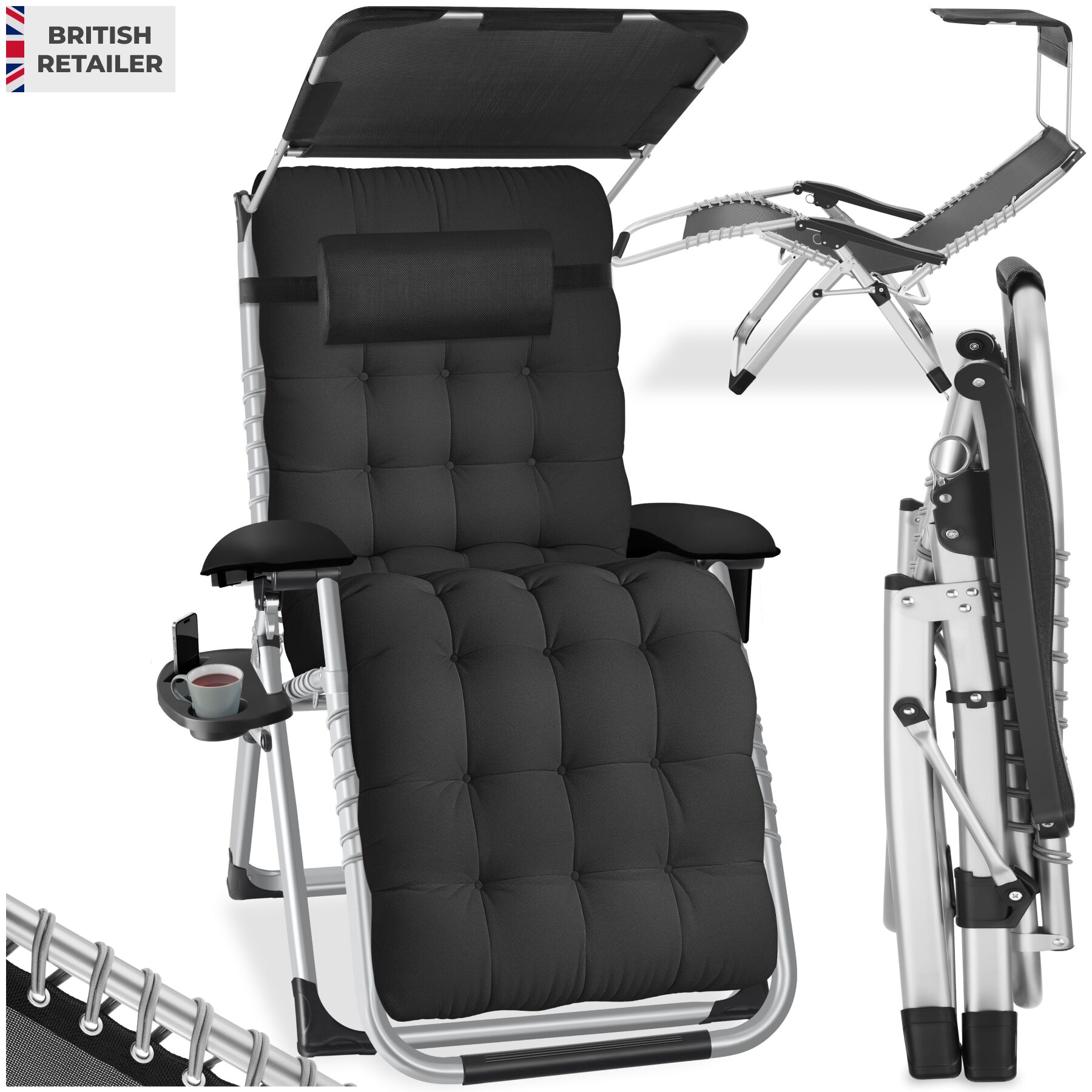 Sun Lounger Cirrus with Plush Padding, Built-in Sun Shade and Folding Function - black, per piece | tectake