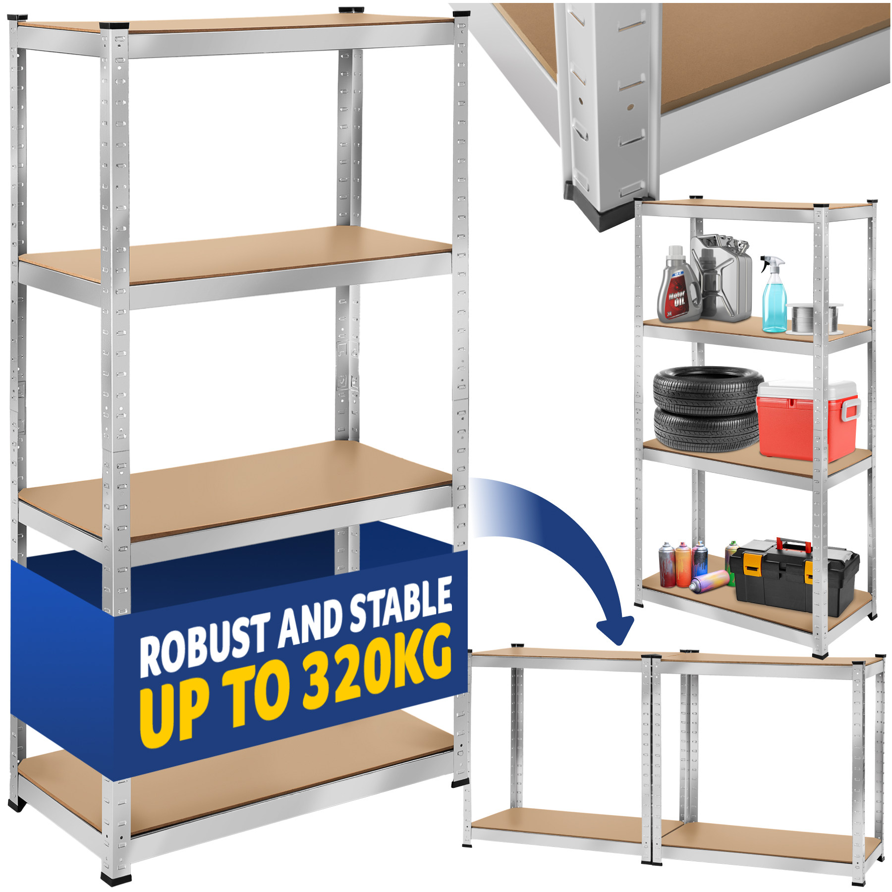 Garage Shelving - heavy-duty galvanised steel frame, height-adjustable shelves - 160 x 80 x 40 cm, 320 kg