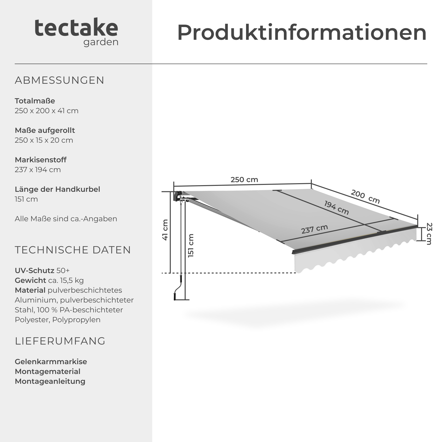 Balkonmarkise Sonnendach Wandhalterung Terrassenüberdachung Sichtschutz Markise