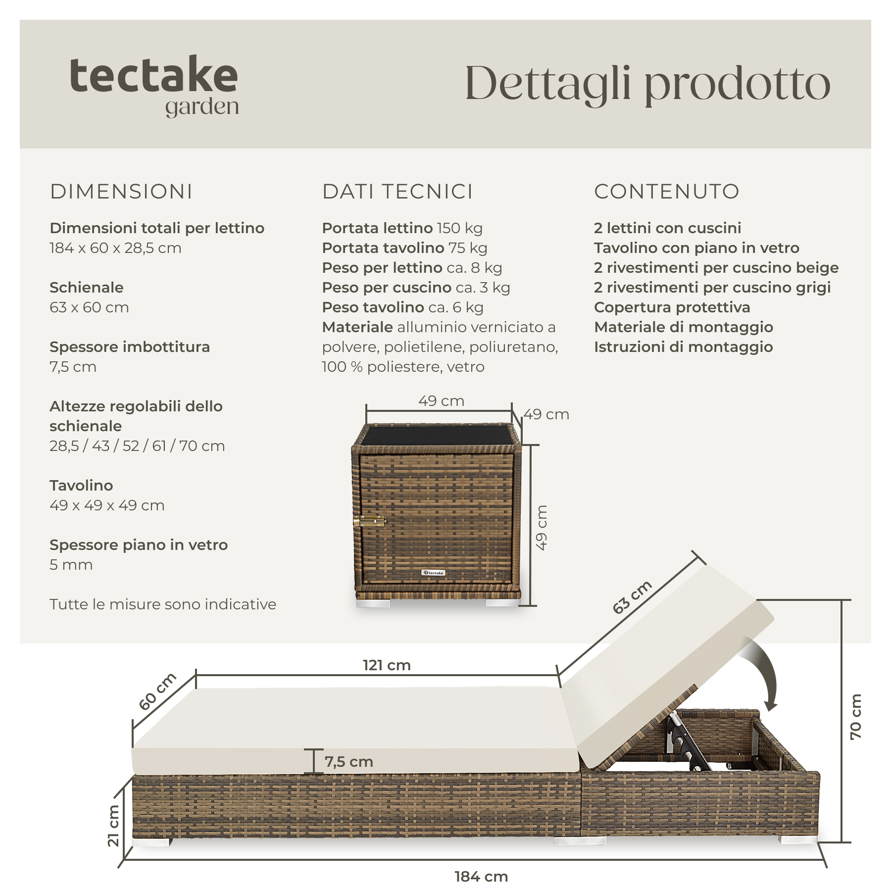 2 x sdraio in polyrattan + tavolo alluminio giardino rattan lettino mobili telo - Foto 61 di 67
