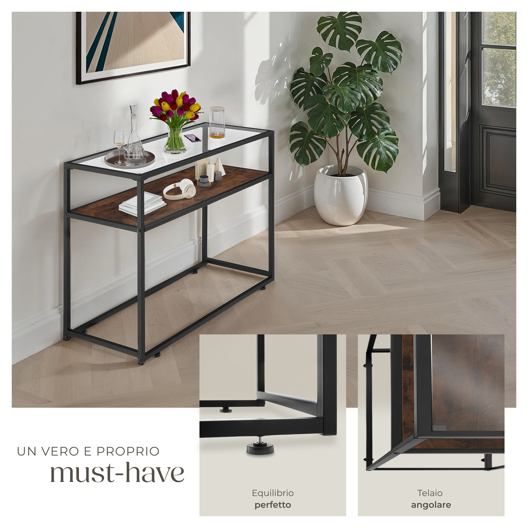 Tavolo console vetro corridoio tavolino appoggio 2 ripiani legno metallo - Foto 5 di 25