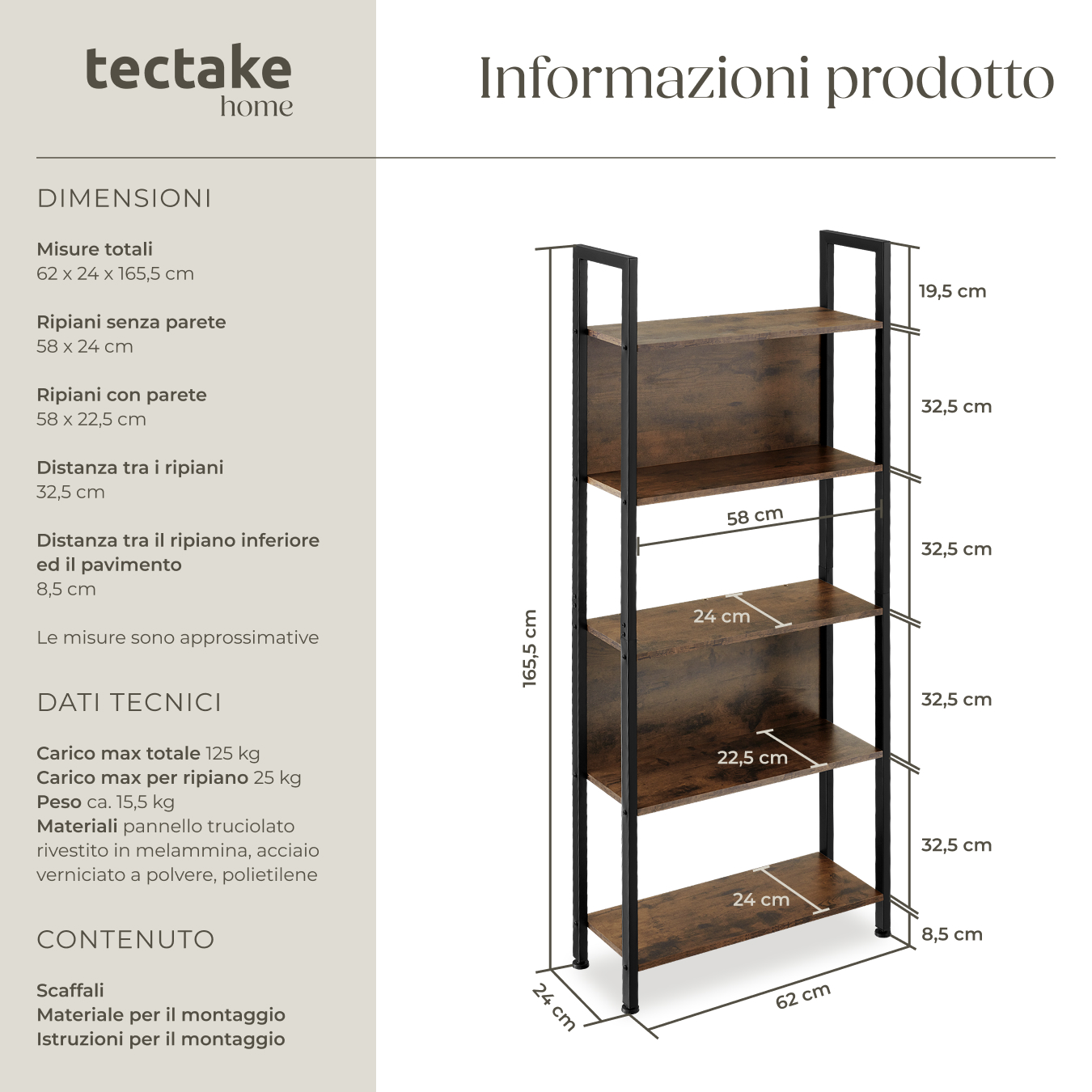 Scaffale scaffalatura alta libreria con 5 ripiani muro legno metallo industrial - Foto 7 di 25