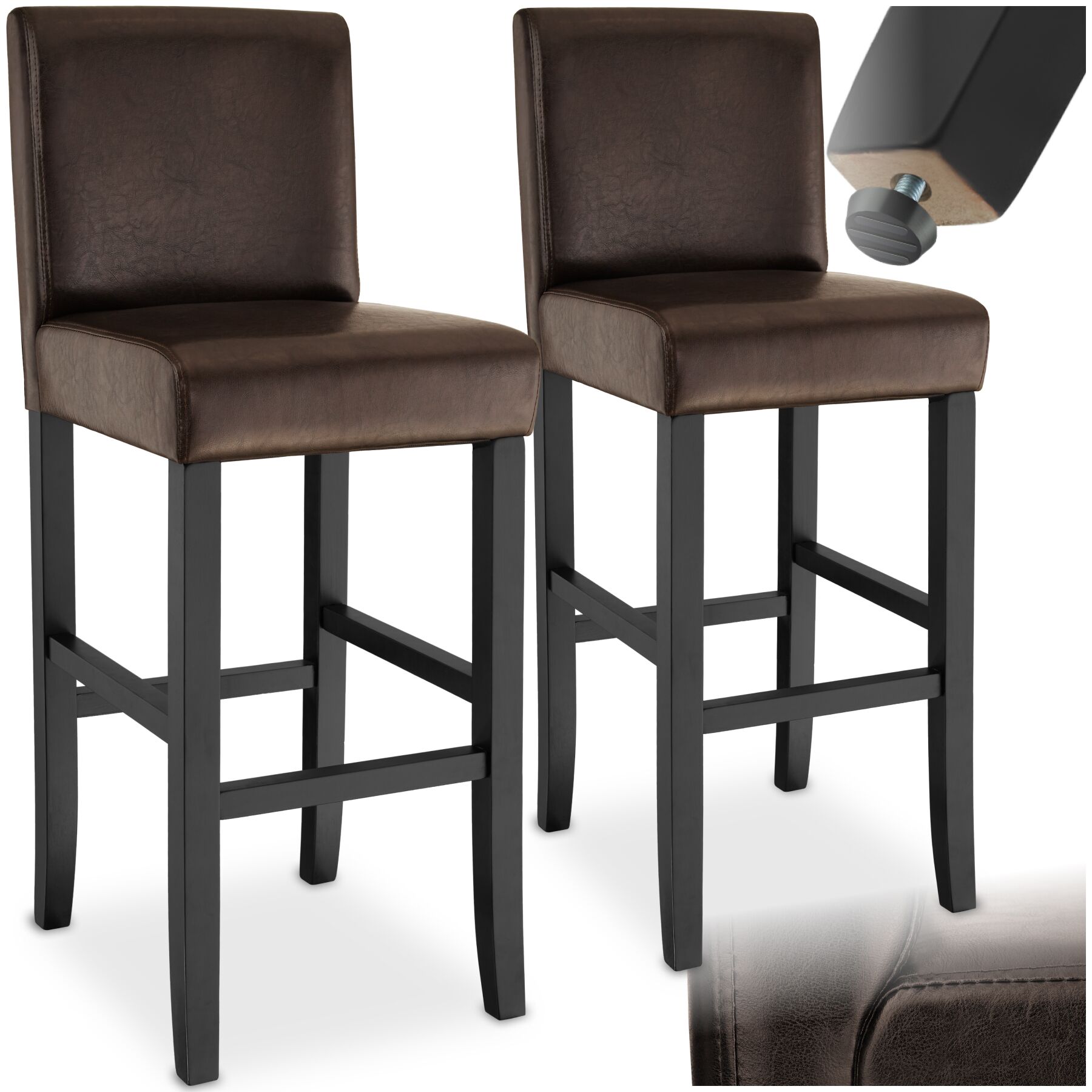 Bar Stools with a padded backrest and faux leather cover - brown, Set of 2 | tectake