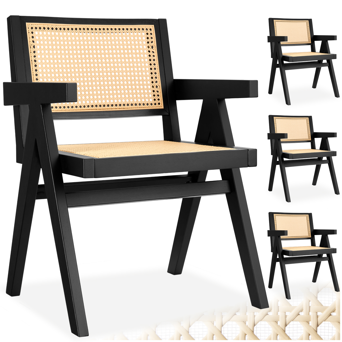 Dining Chair Lizzy with Mid-Century Modern Design, Rattan Backrest and Solid Wood Frame - black, Set of 4