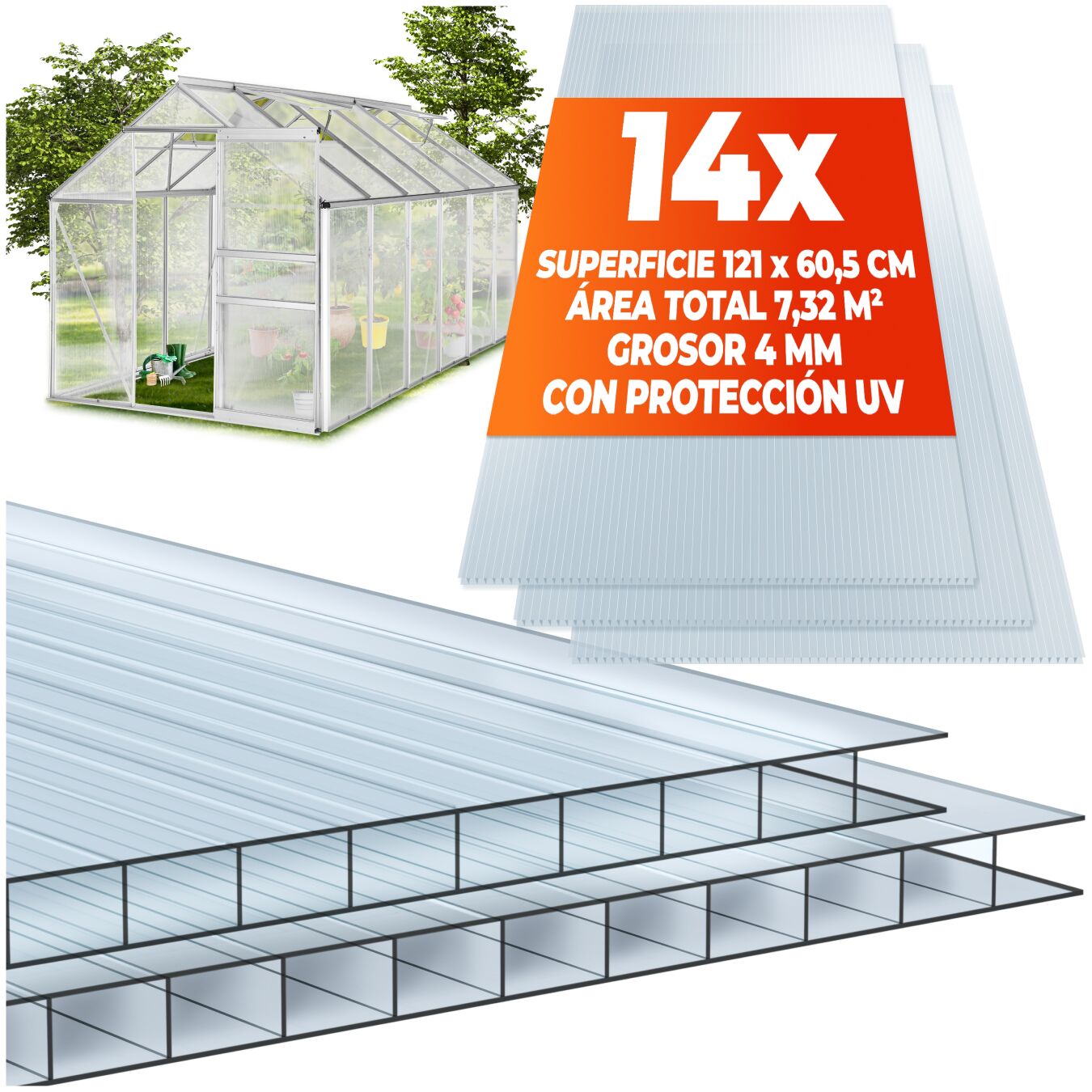 Placas de doble pared SHINY de policarbonato, recortables - transparente | tectake