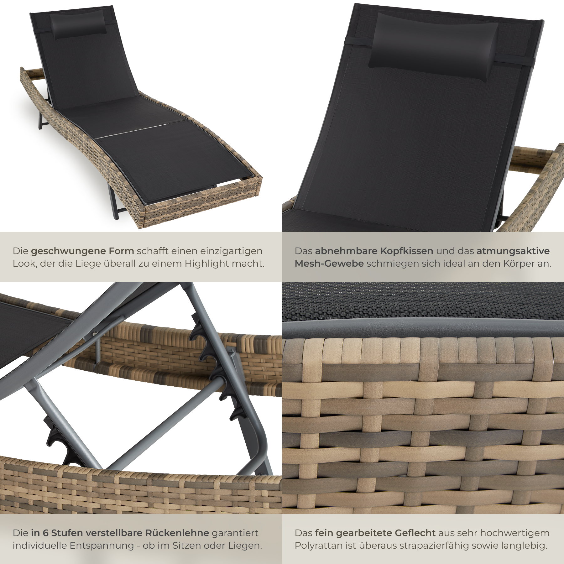 Polyrattan Sonnenliege Gartenliege Relaxliege Garten Rattan Liege mit Kopfkissen
