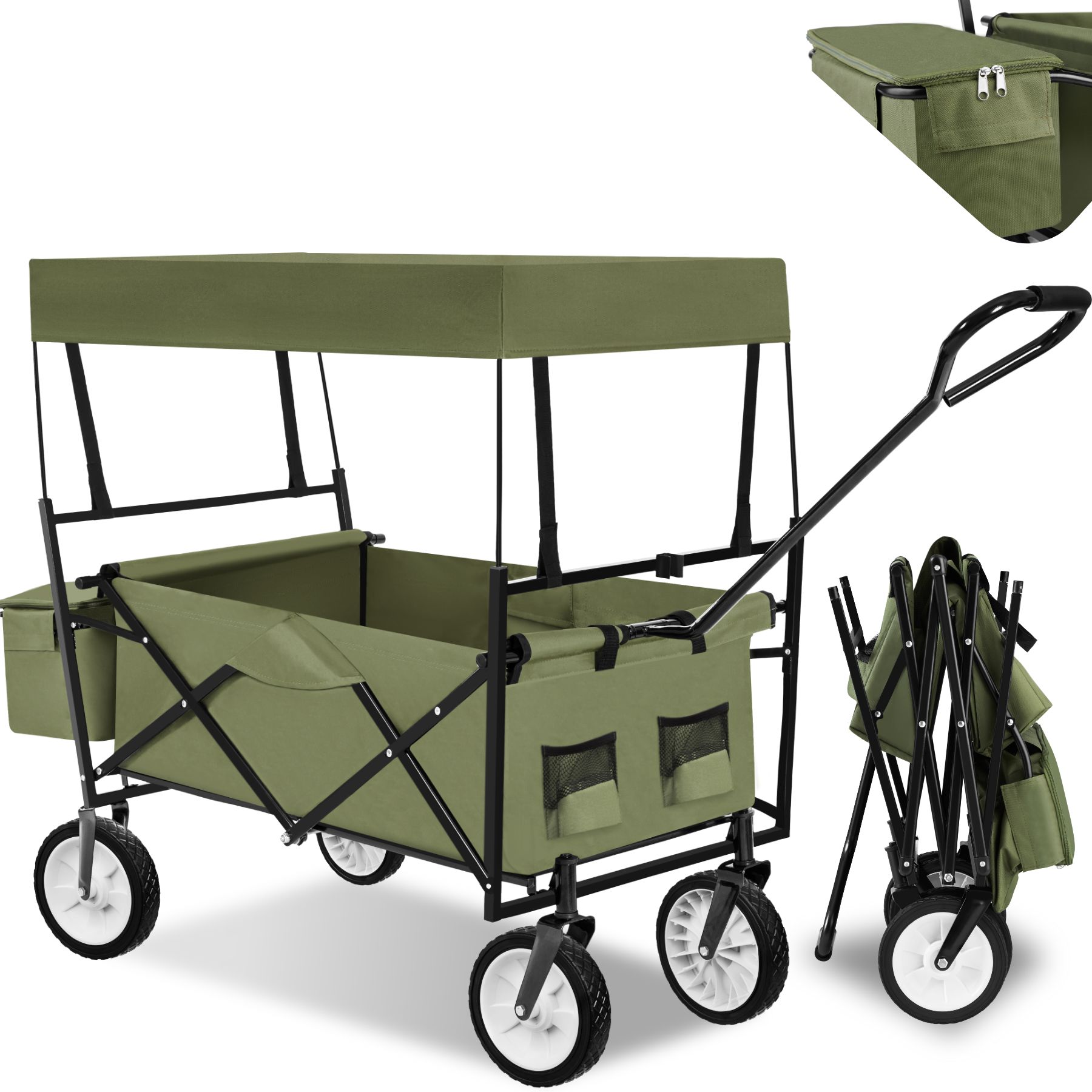 Garden Trolley - foldable, with roof, 3 pockets, transport bag, 80 kg capacity - green