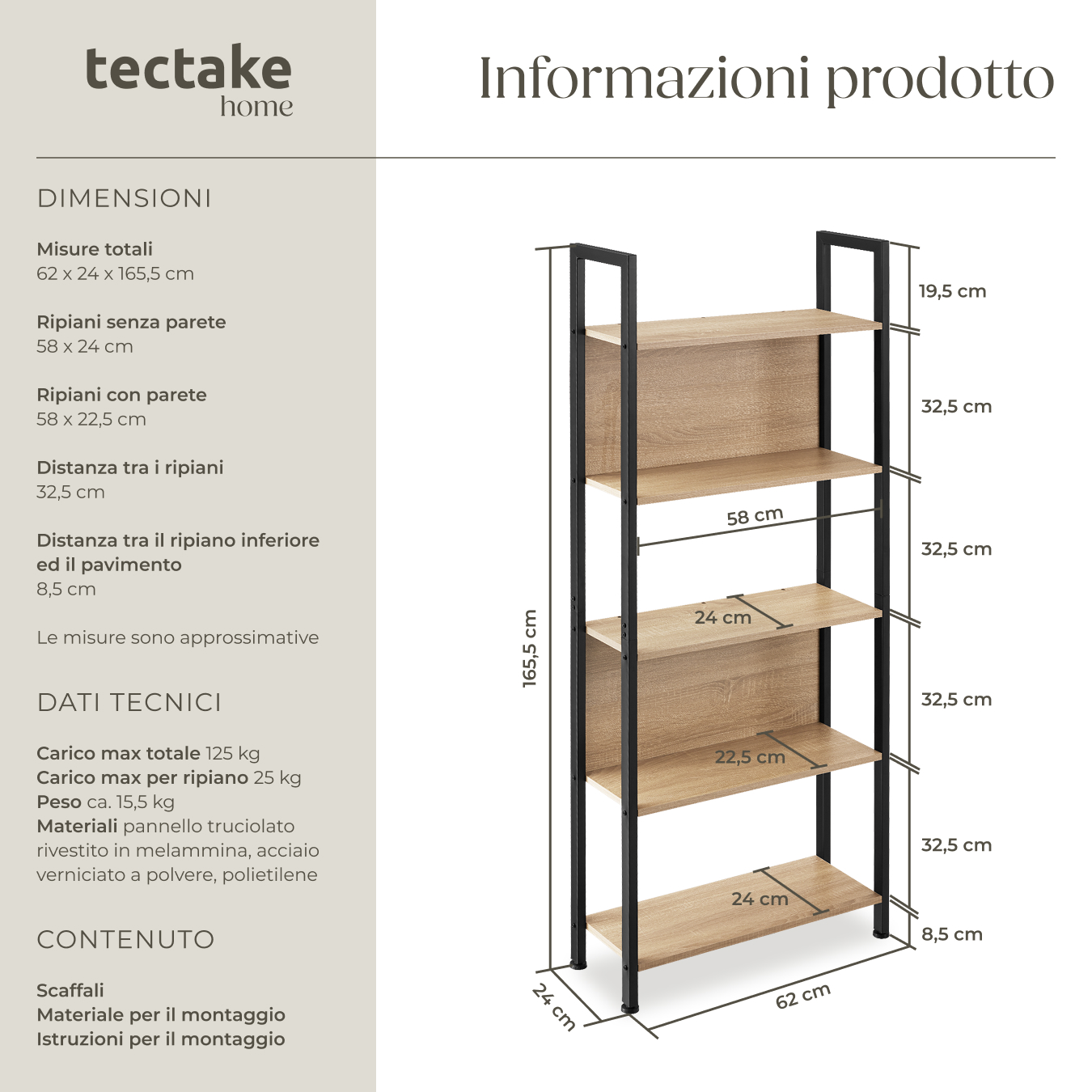 Scaffale scaffalatura alta libreria con 5 ripiani muro legno metallo industrial - Foto 19 di 25