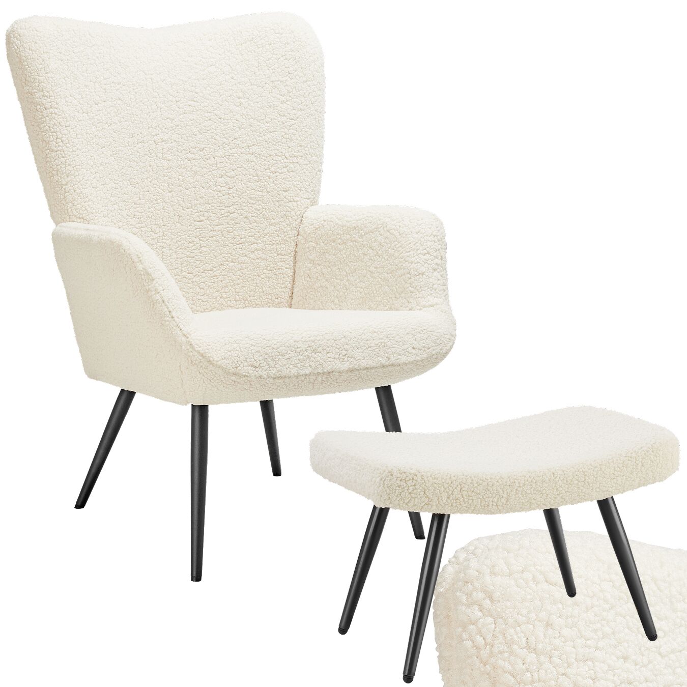 Sessel Hygge gepolstert, ergonomisch, Belastbarkeit 150 kg - mit Hocker, Bouclé creme/schwarz