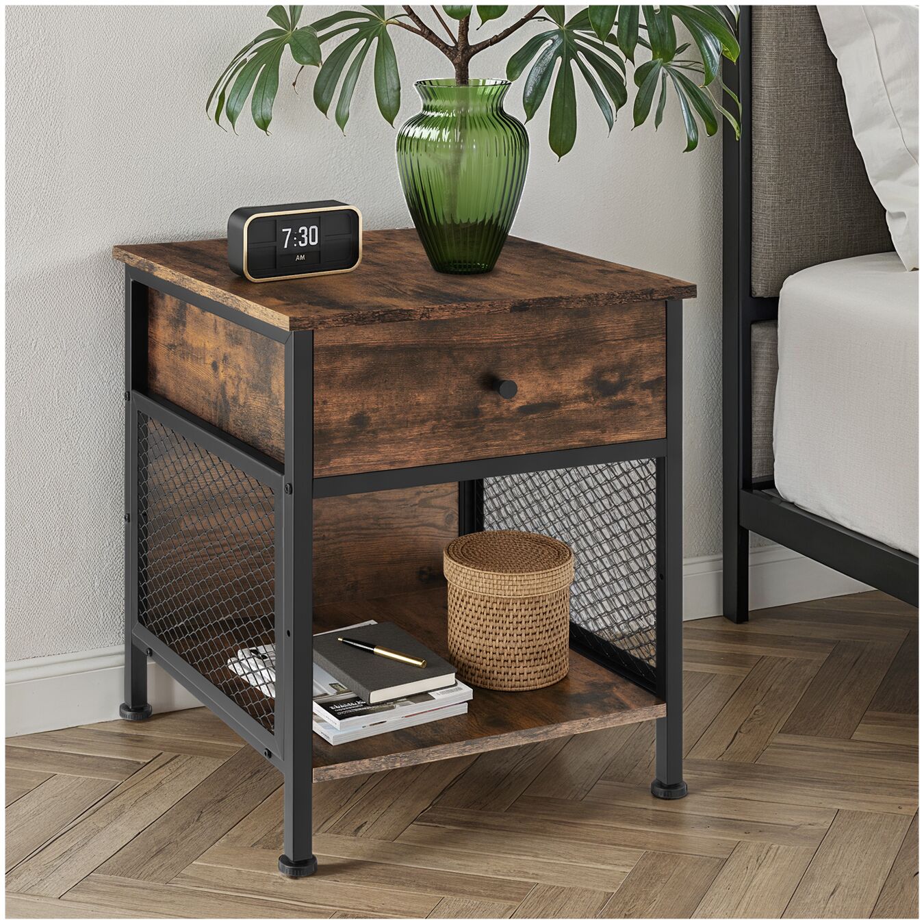 Mesa de cabeceira Killarney 45x46x55,5cm - Madeira industrial escura, rústica | tectake