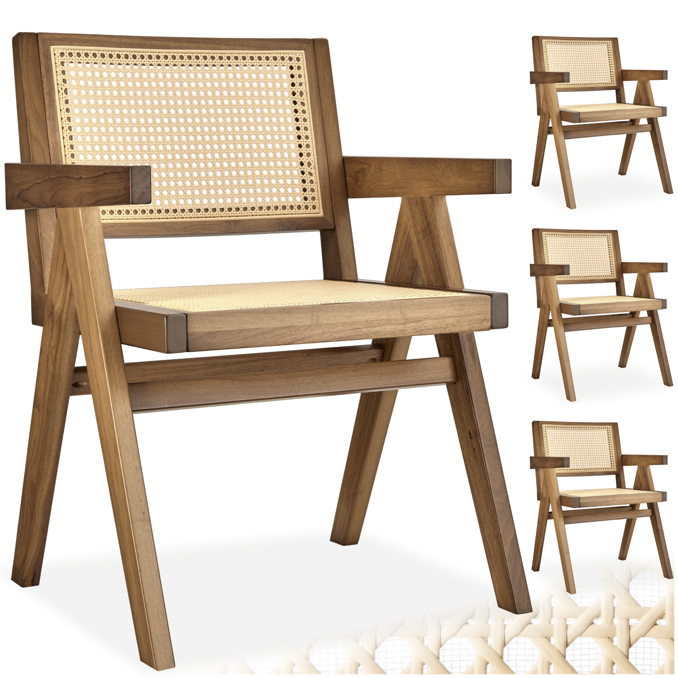 Chaise de salle à manger LISSY avec cannage viennois au style bohème - Chêne clair, Lot de 4 | tectake