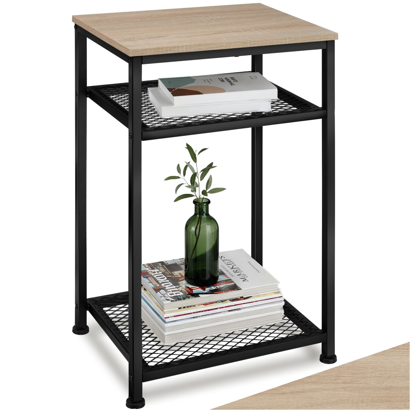 Bedside Table York - industrial style, with 2 grid shelves, 45.5 x 36 x 75.5 cm - industrial wood light, oak Sonoma