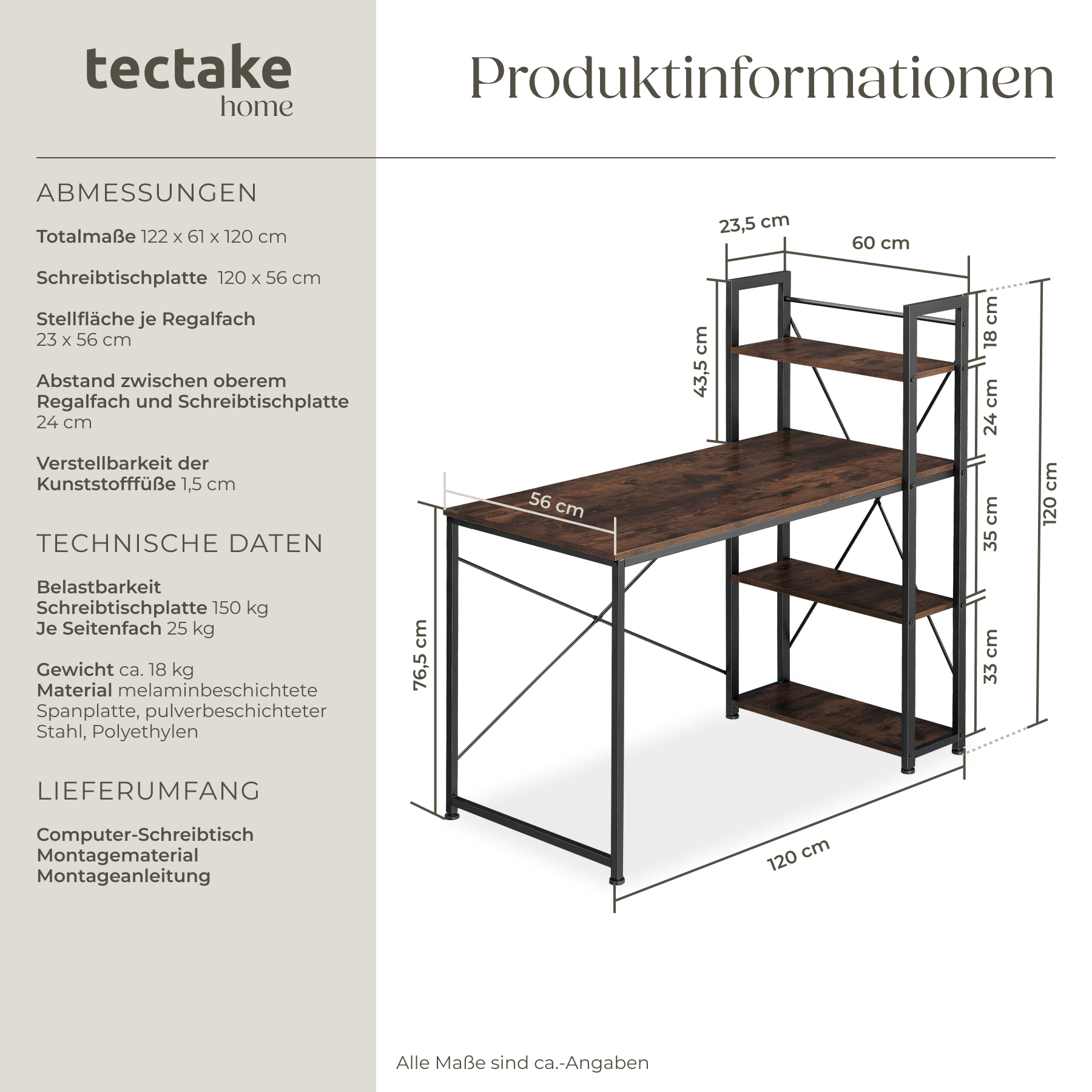 Schreibtisch mit Regal Bürotisch Arbeitstisch 3 Ablagen Industrial Holz Metall