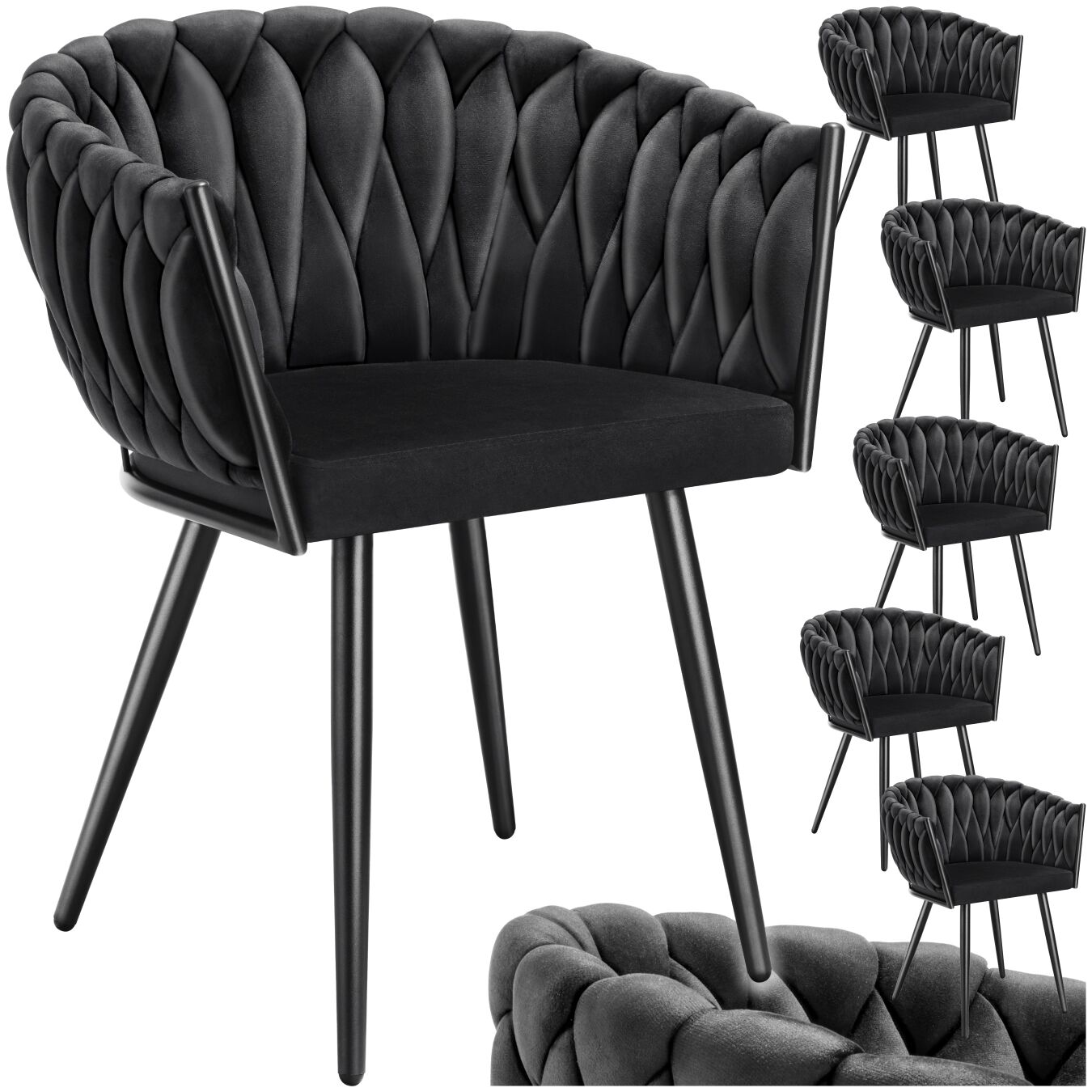 Set eetkamerstoelen Astano fluweel, knoopdesign - zwart, Set van 6 | tectake
