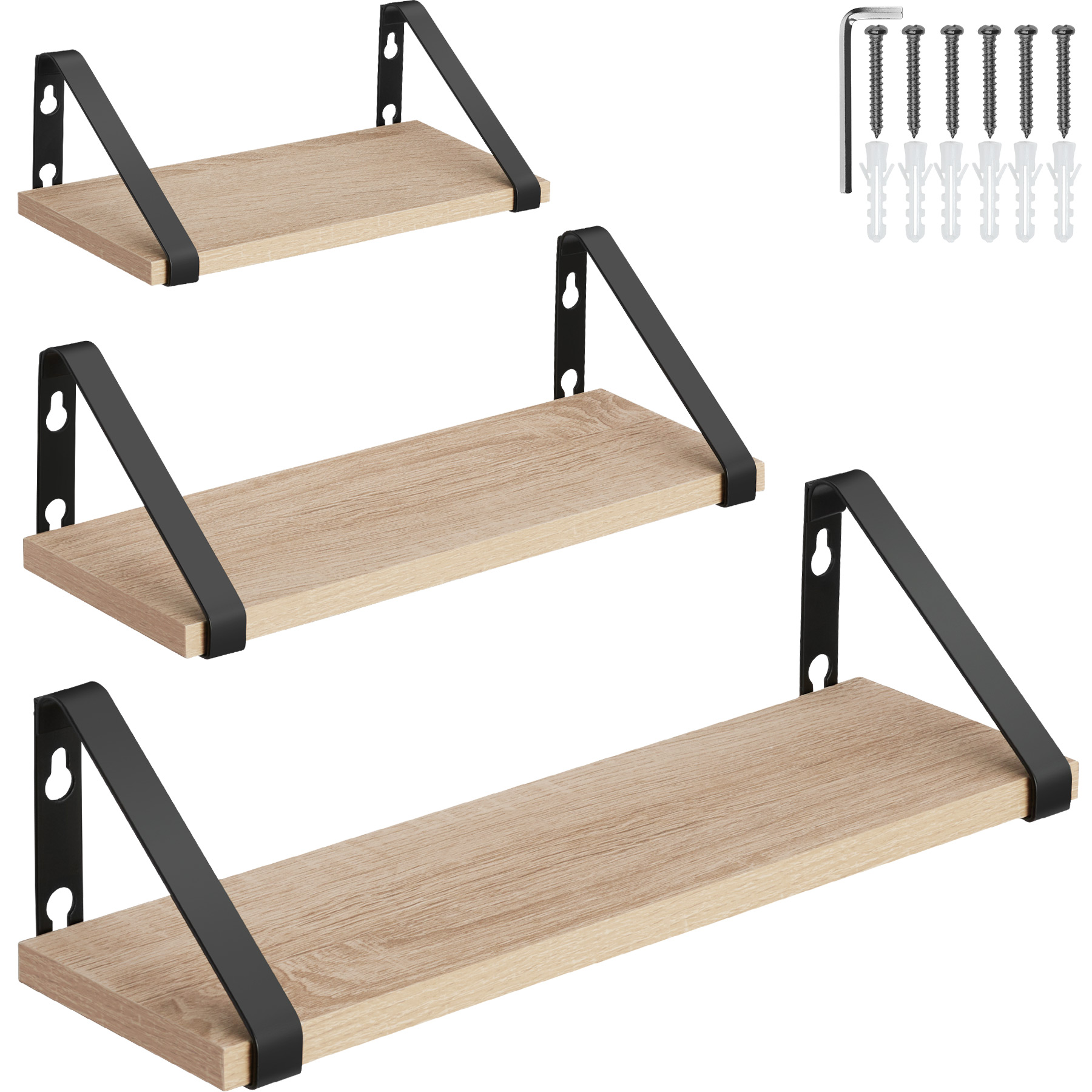 Wall Shelves - set of 3, decorative metal brackets, high load-capacity, 3 widths included - industrial wood light, oak Sonoma