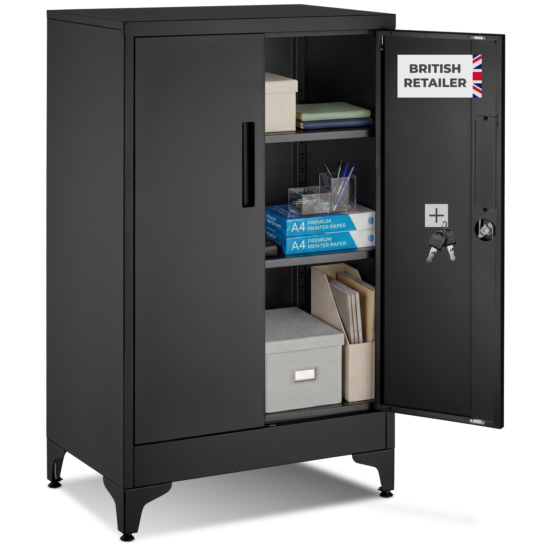 Blake Filing Cabinet, Magnetic Closure, Adjustable Shelves - black | tectake