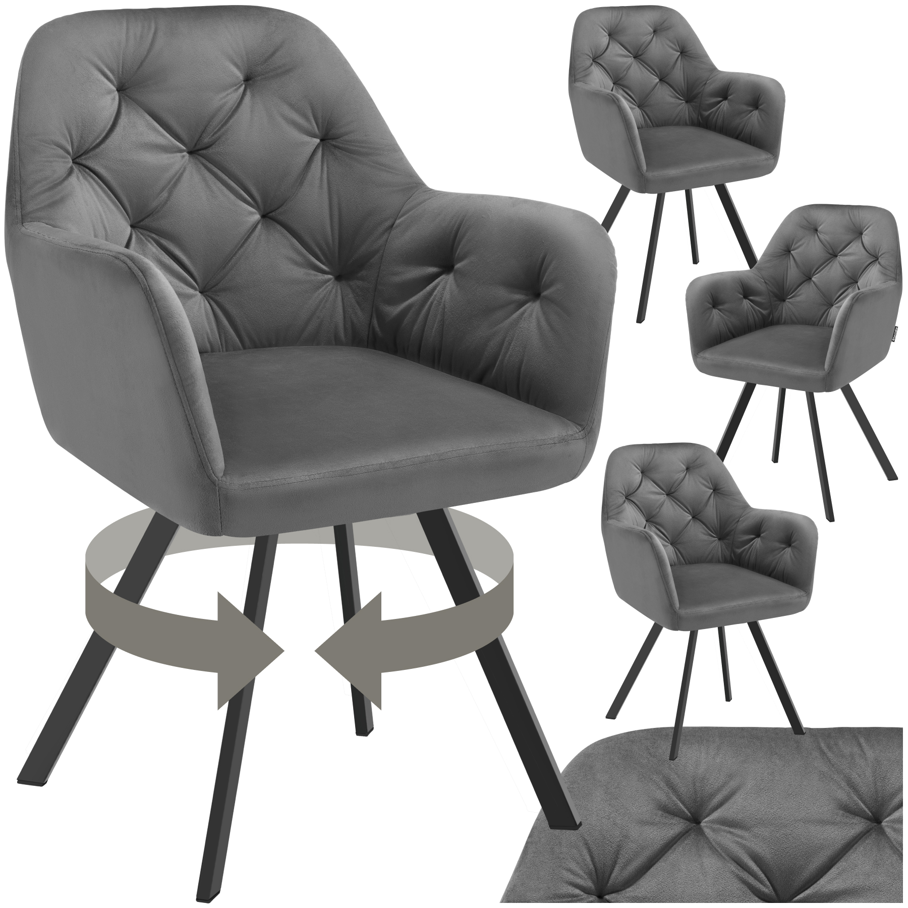 Fauteuil pivotant en velours Lucia, rembourré - gris anthracite, Lot de 4 de tectake