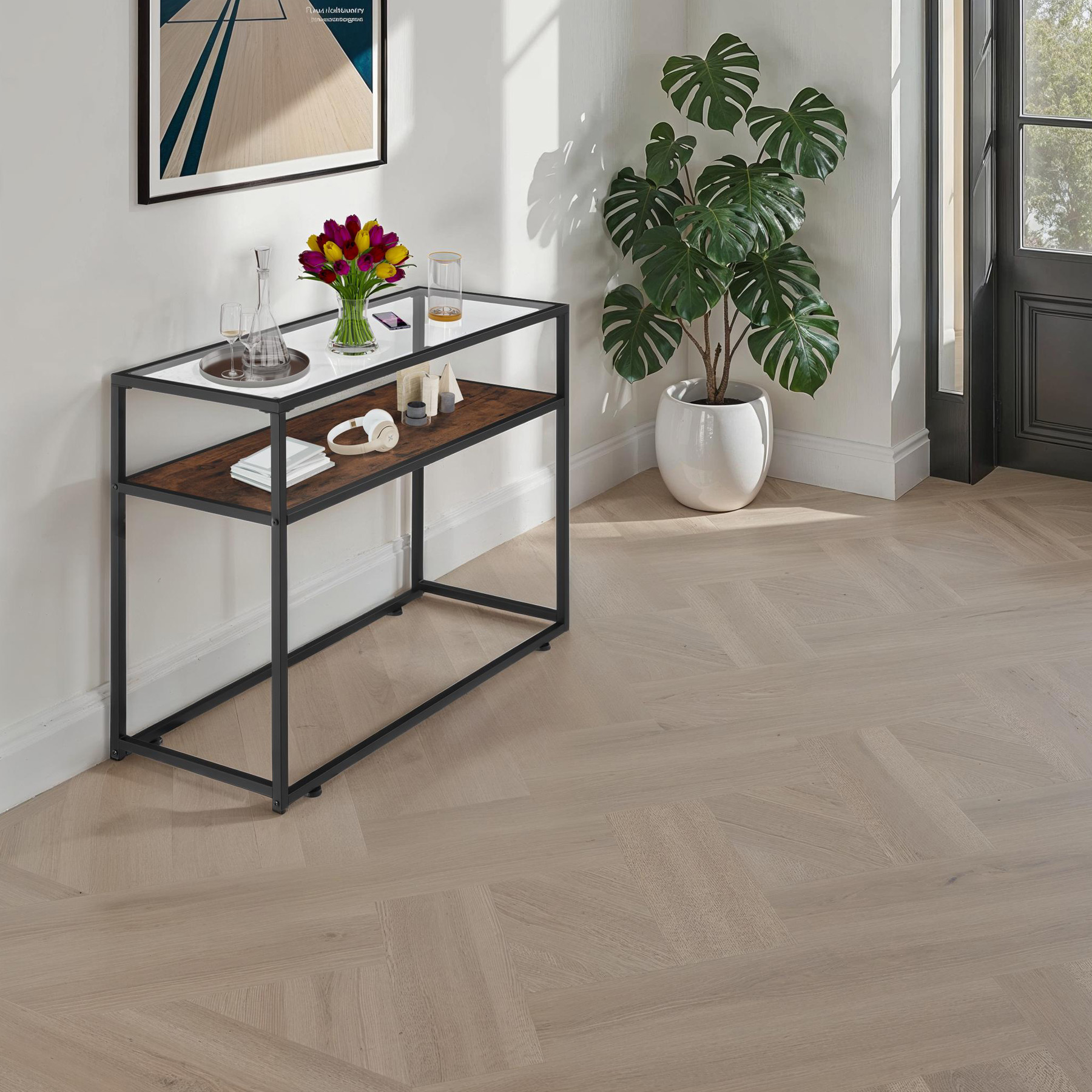 Tavolo console vetro corridoio tavolino appoggio 2 ripiani legno metallo - Foto 11 di 25