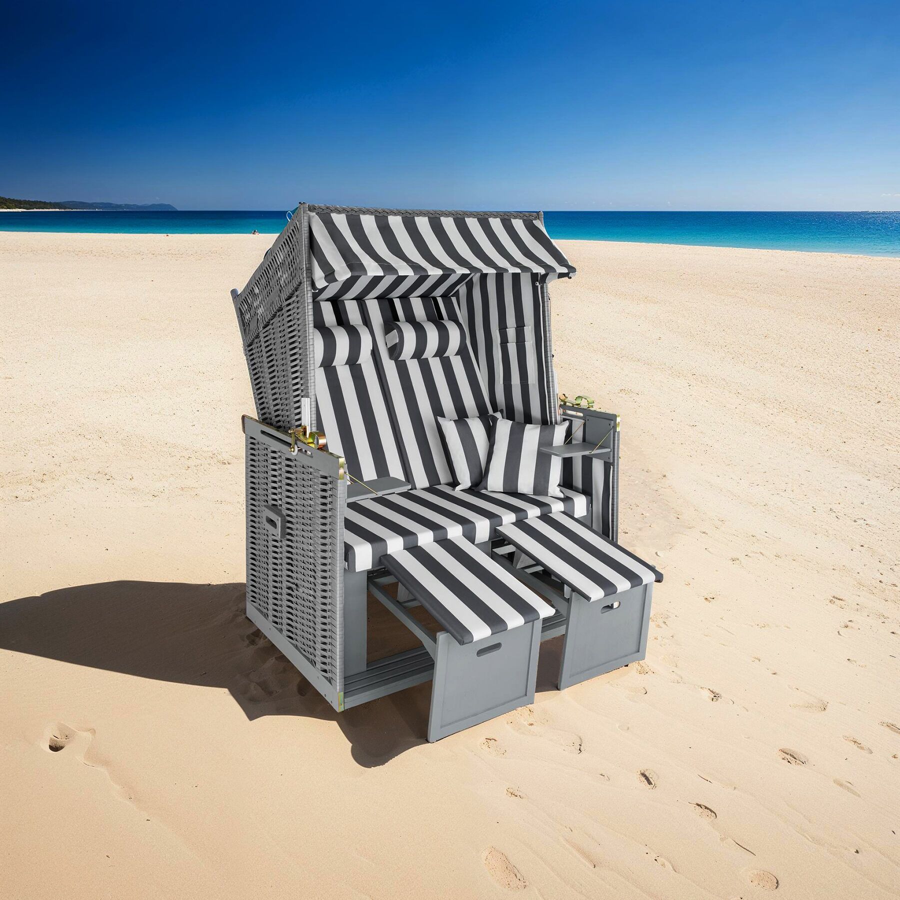 Wicker Chair Outdoor Beach Sunbed with Pillows Roofed Recline Sun Lounger - Picture 11 of 49