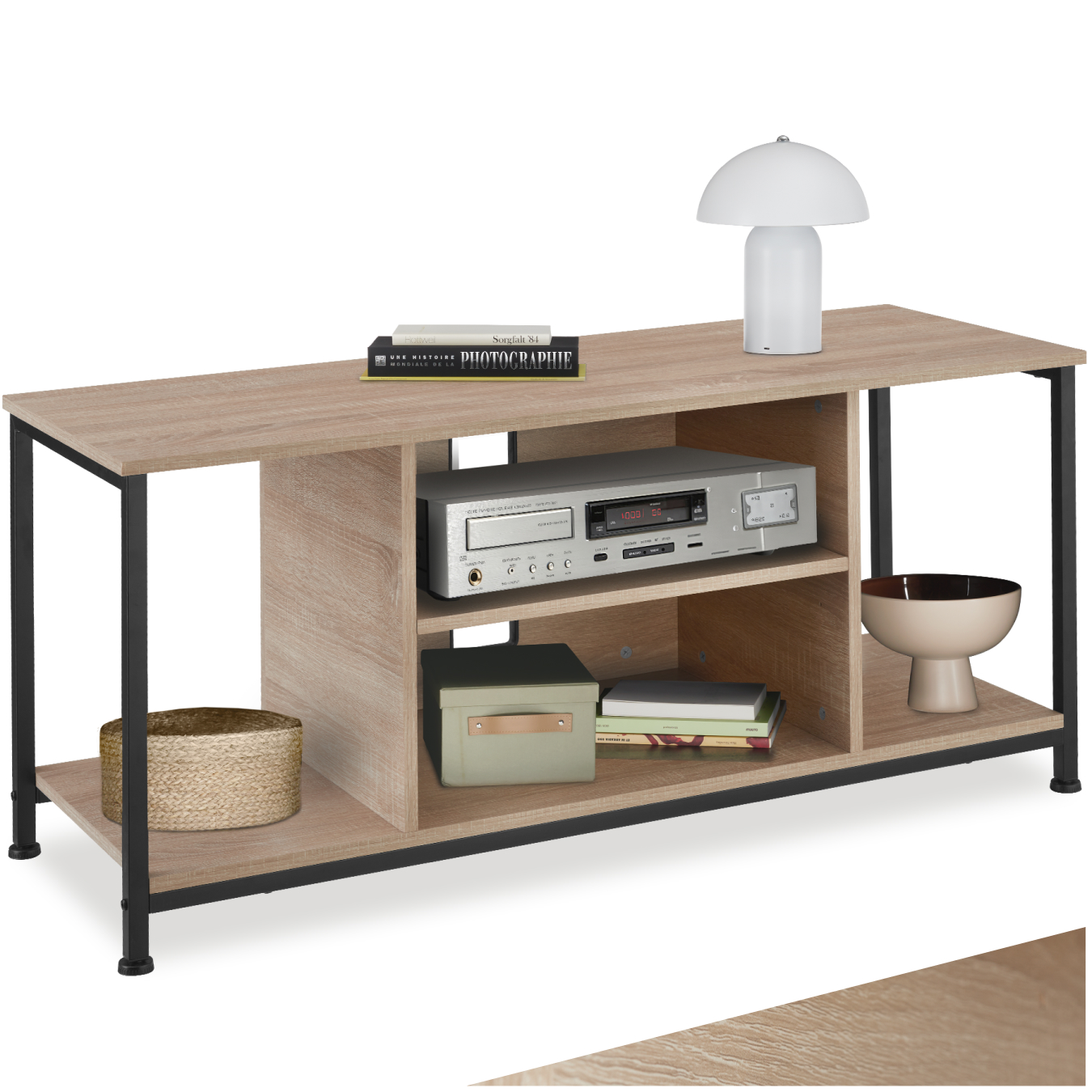 TV Stand - lowboard cabinet with 4 compartments, adjustable shelf - 110 cm, industrial wood light, oak Sonoma