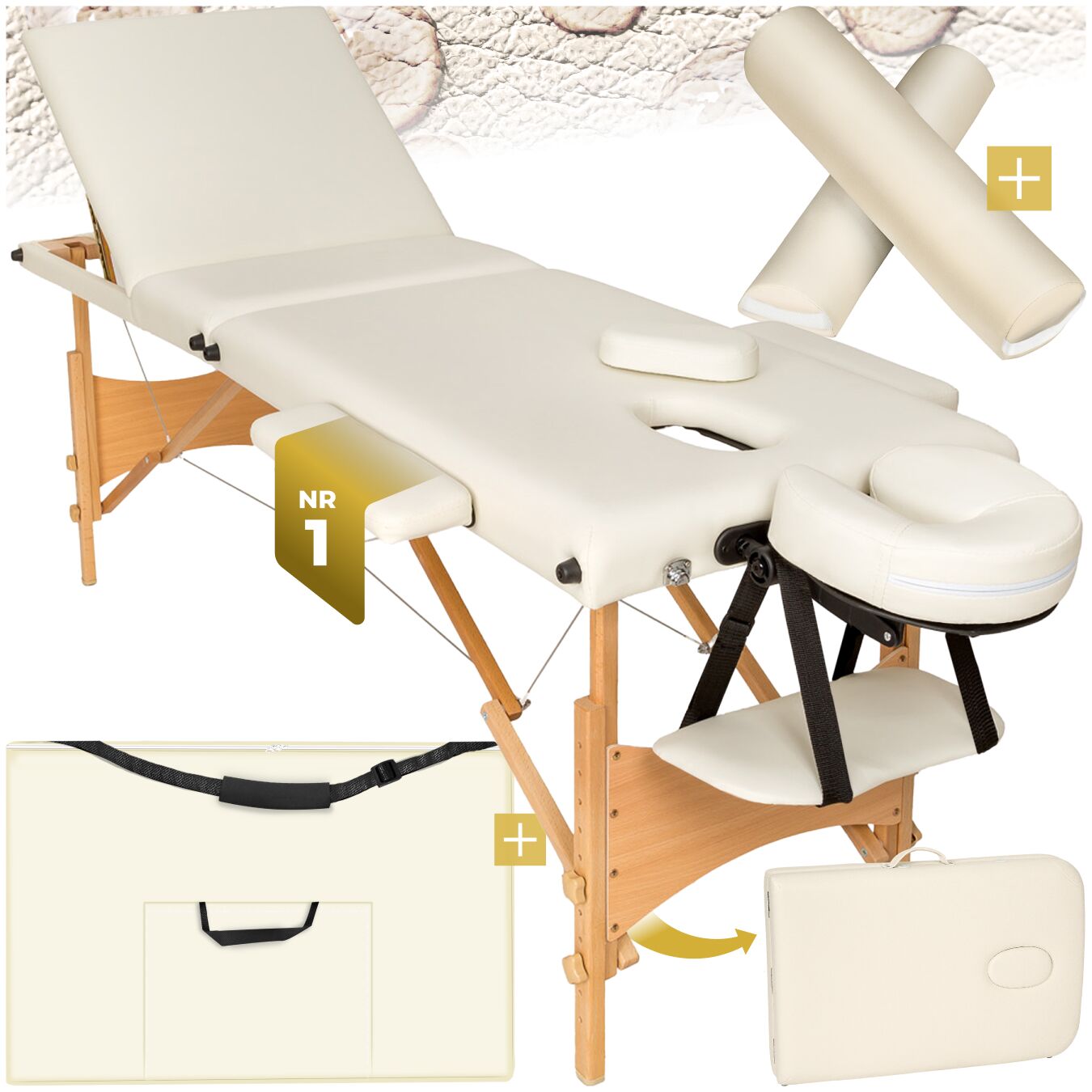 Holz Massageliege Massagetisch Bank 3 Zonen klappbar + Voll- & Halbrolle Tasche