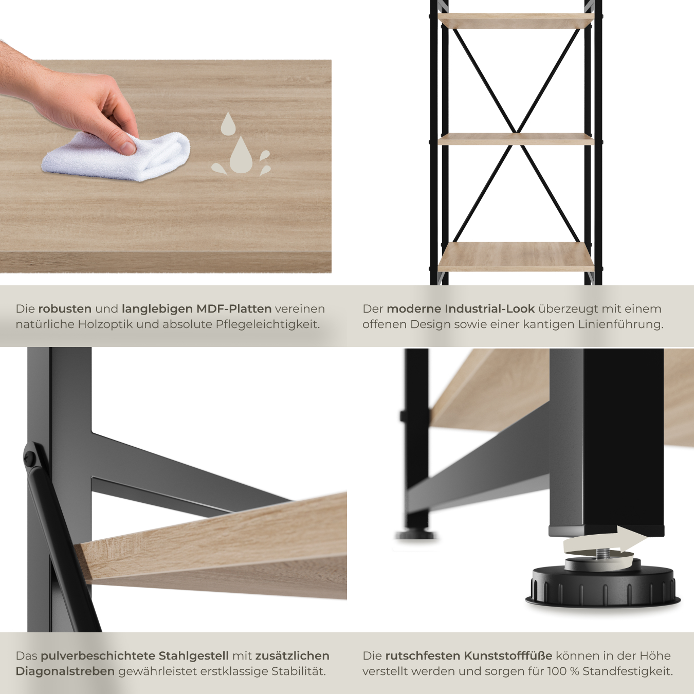Standregal Bücherregal 5 Ebenen Medienregal Industrial Regal Metall Holz schwarz