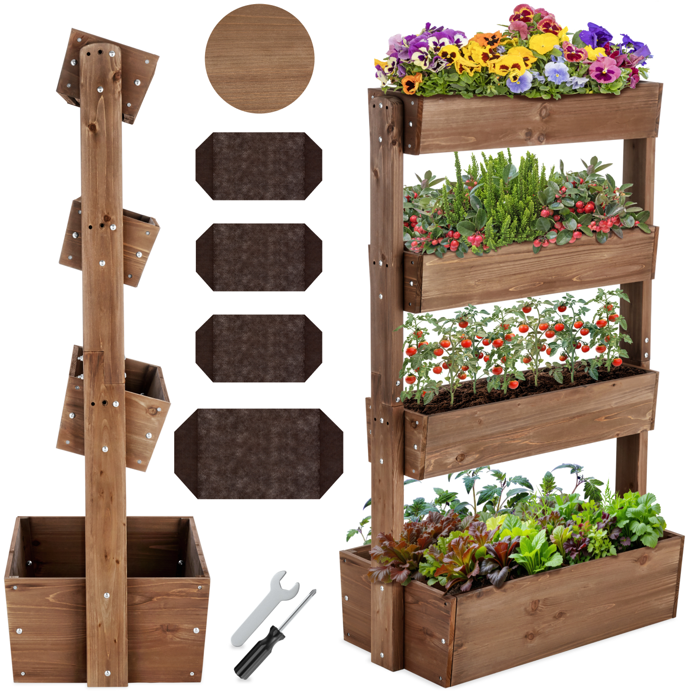 Vertical Planter Flora in a Rustic Wooden Design with 3 to 5 Tiers and Plant Fleece Included - brown, 85 x 45 x 140 cm