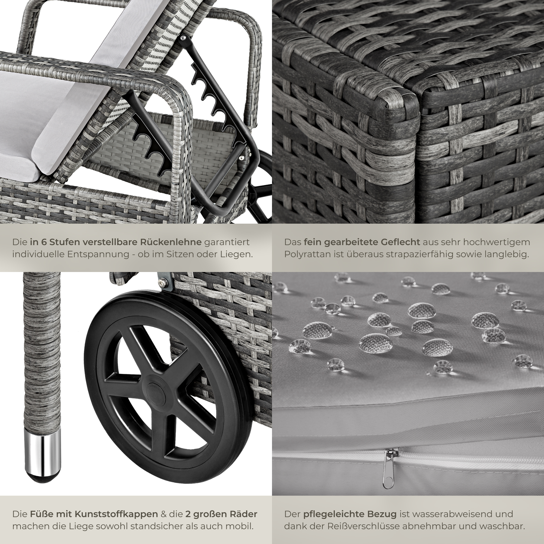 Sonnenliege klappbar Gartenliege Polyrattan Liegestuhl Strandliege robust 200 cm - Bild 114 von 145