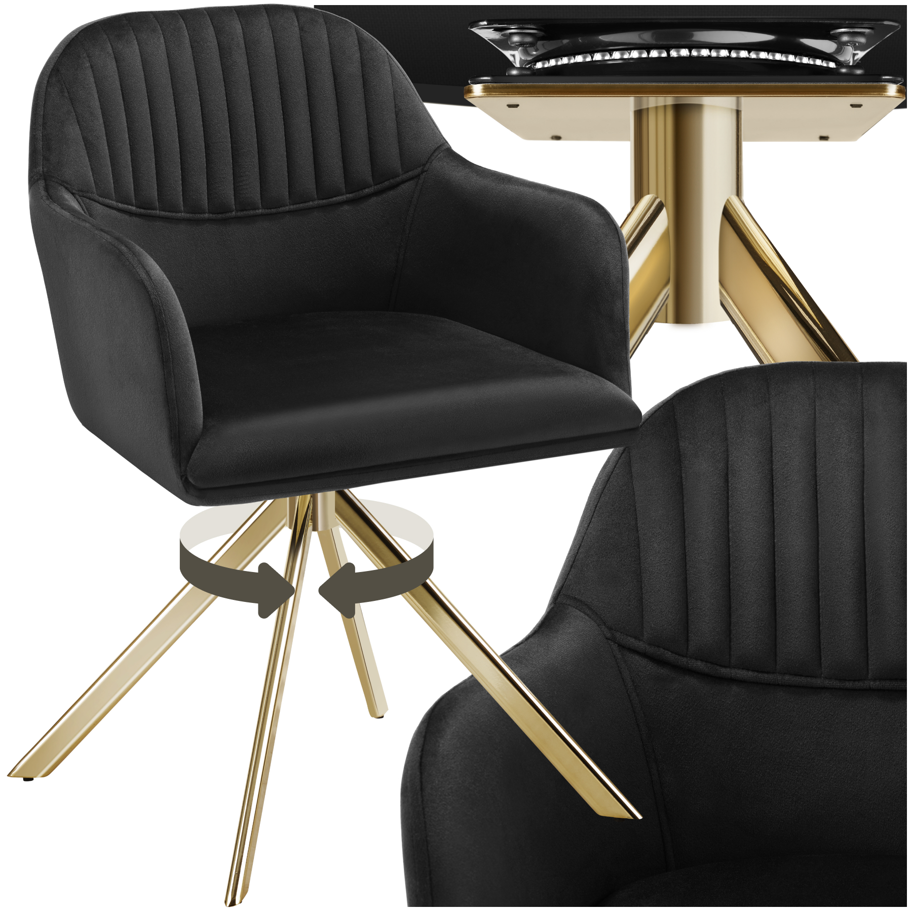 Lounge Armchair Living Room Accent Chair 360 Swivel Slim Steel Legs Velvet Fabric - black/gold, per piece