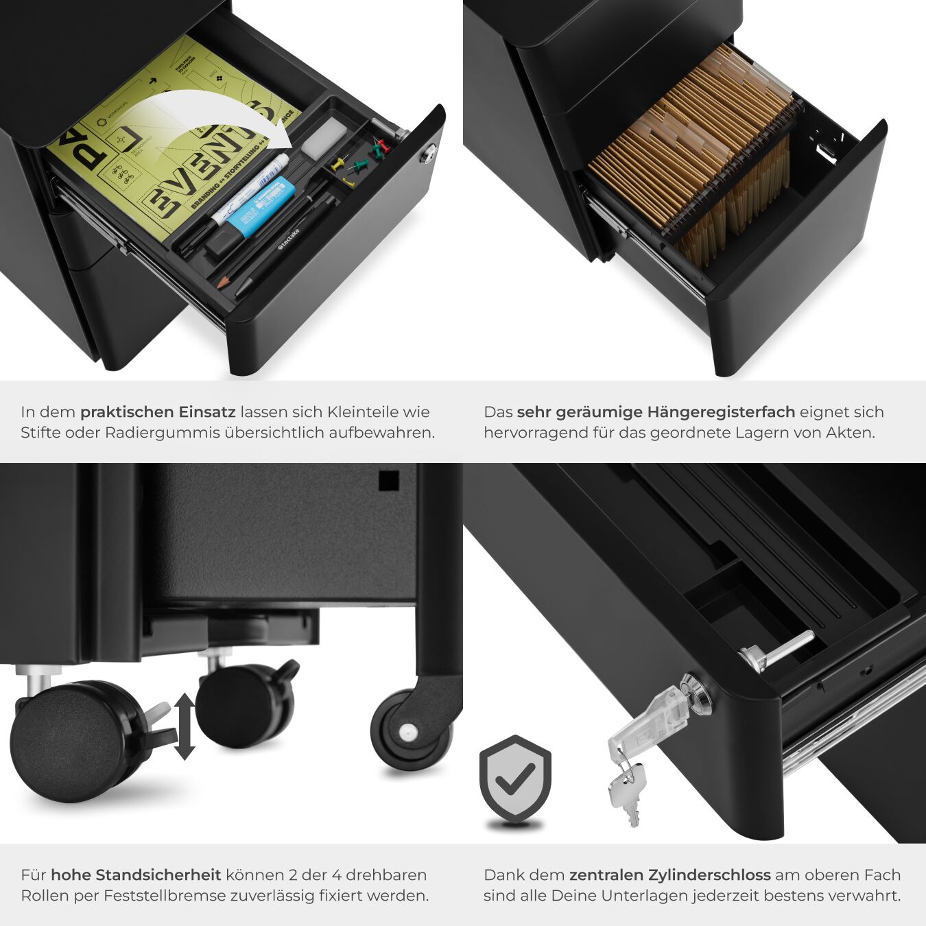 Rollcontainer 2 Schubladen Büroschrank Abschließbar Aktenschrank Hängeregister - Bild 6 von 25