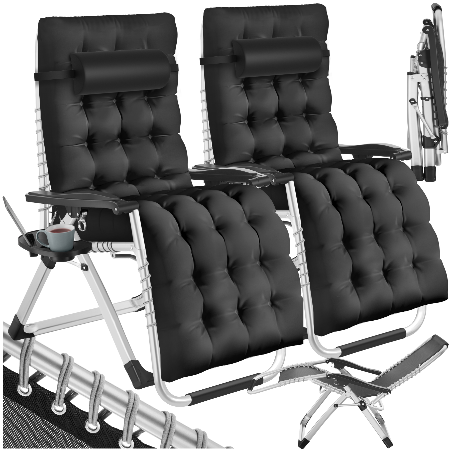 Chaise longue pliable CLOUD réglable en continu - noir, Lot de 2 de tectake