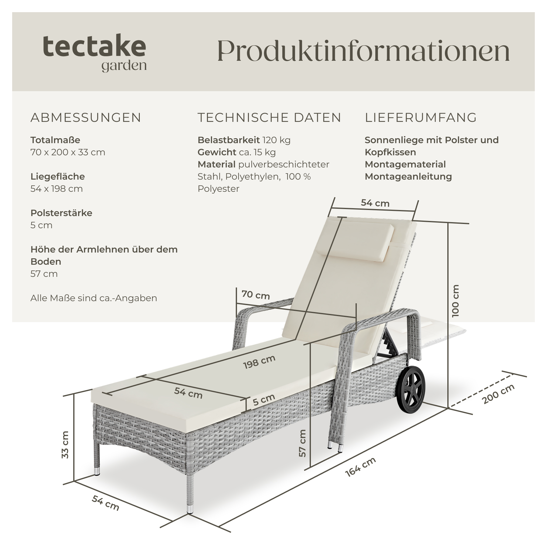Sonnenliege klappbar Gartenliege Polyrattan Liegestuhl Strandliege robust 200 cm - Bild 139 von 145