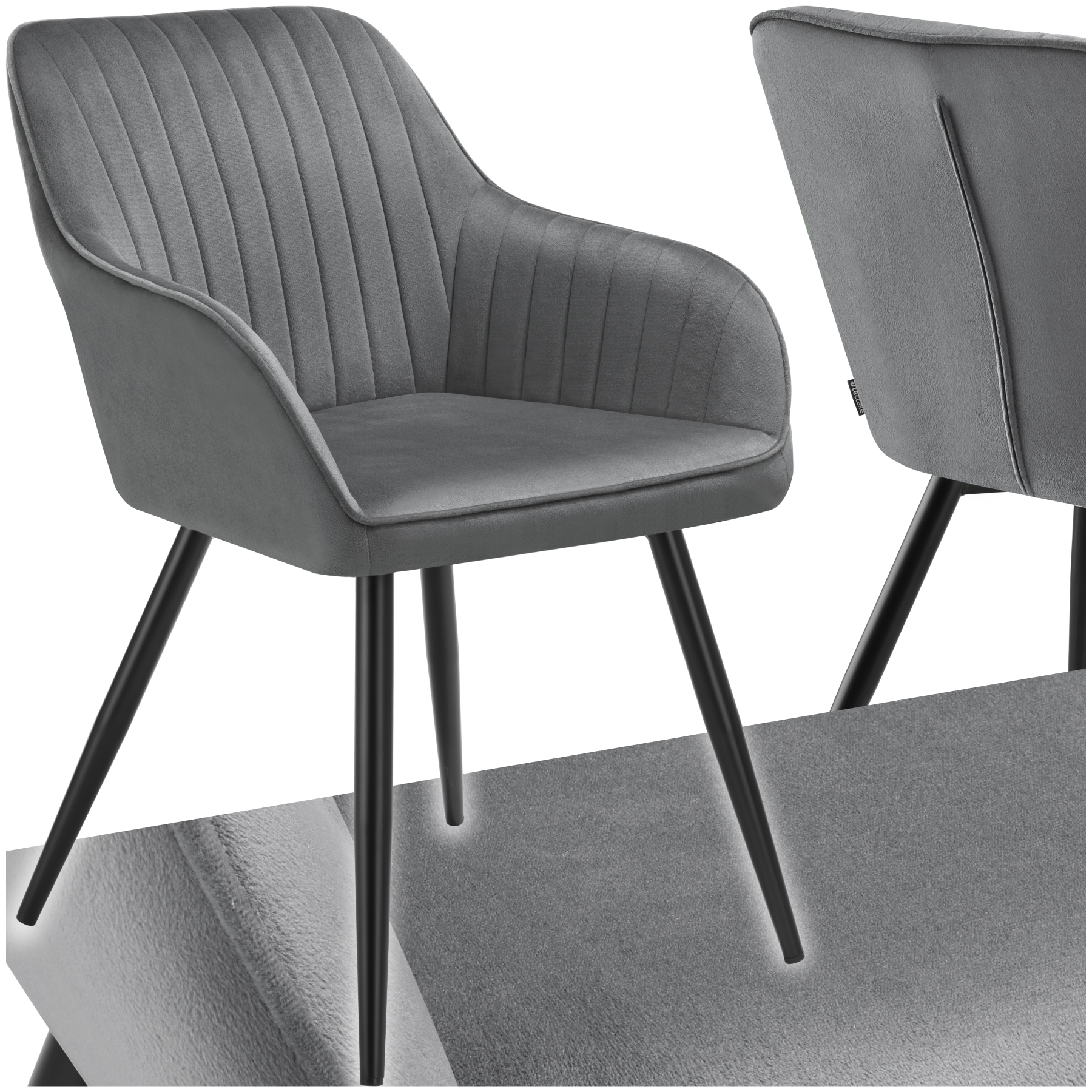 Chair Marilyn - velvet look, quilted, continuous backrest, slim steel legs - grey/black, per piece