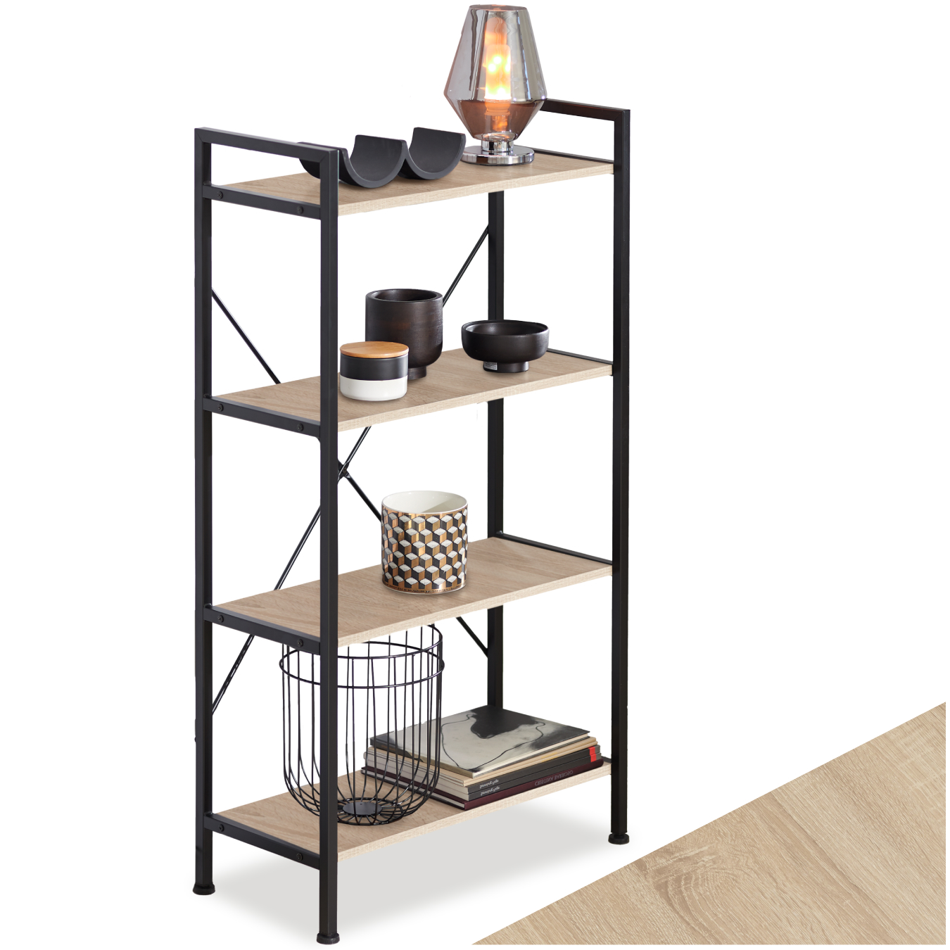 Etagère bibliothèque LEEDS style industriel 67,5 x 31,5 x 121,5 cm - Bois clair industriel, Chêne Sonoma | tectake