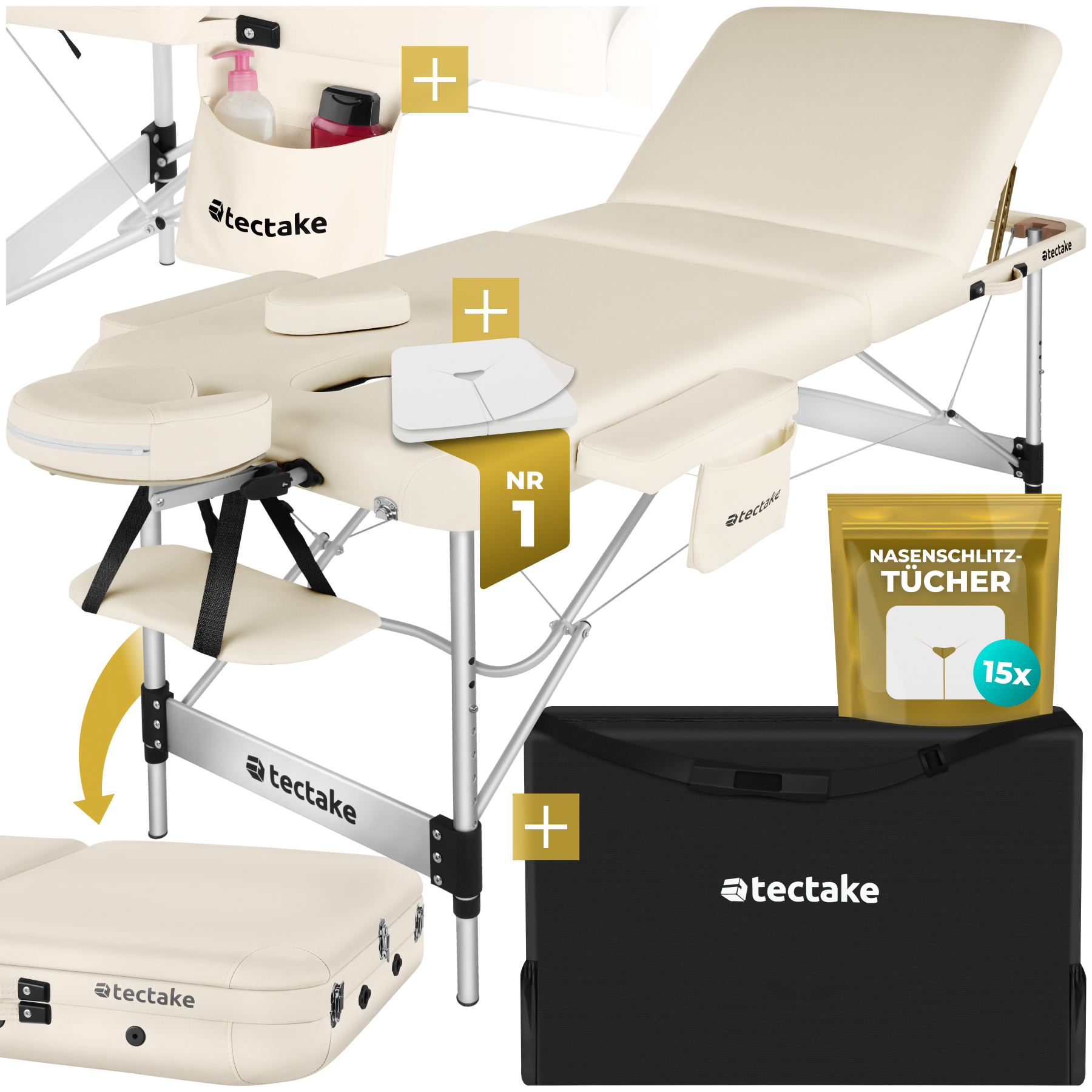 3 Zonen Massageliege Phuket, Tragetasche, Aluminiumgestell - beige