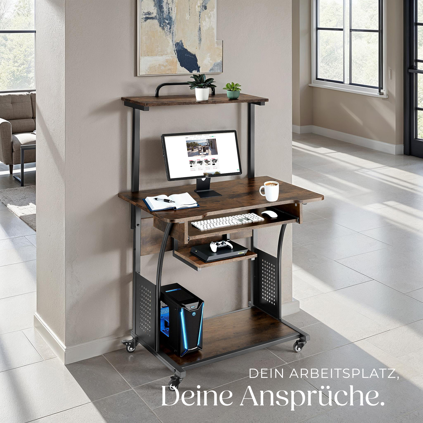 Schreibtisch Computertisch Bürotisch PC Tisch mit Rollen Holz Metall Industrie