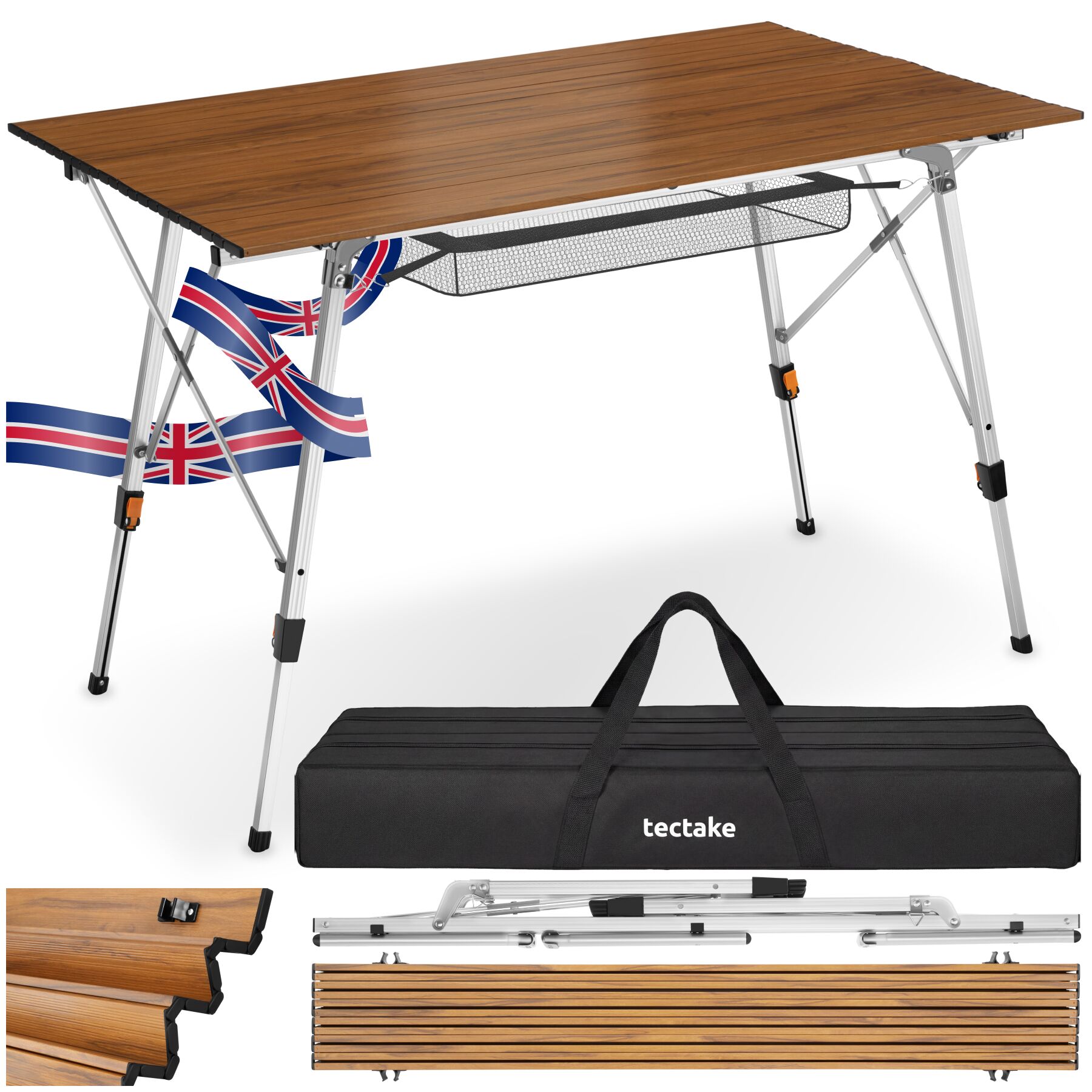 Bastian Aluminum Folding Table, Height-Adjustable - wood look | tectake
