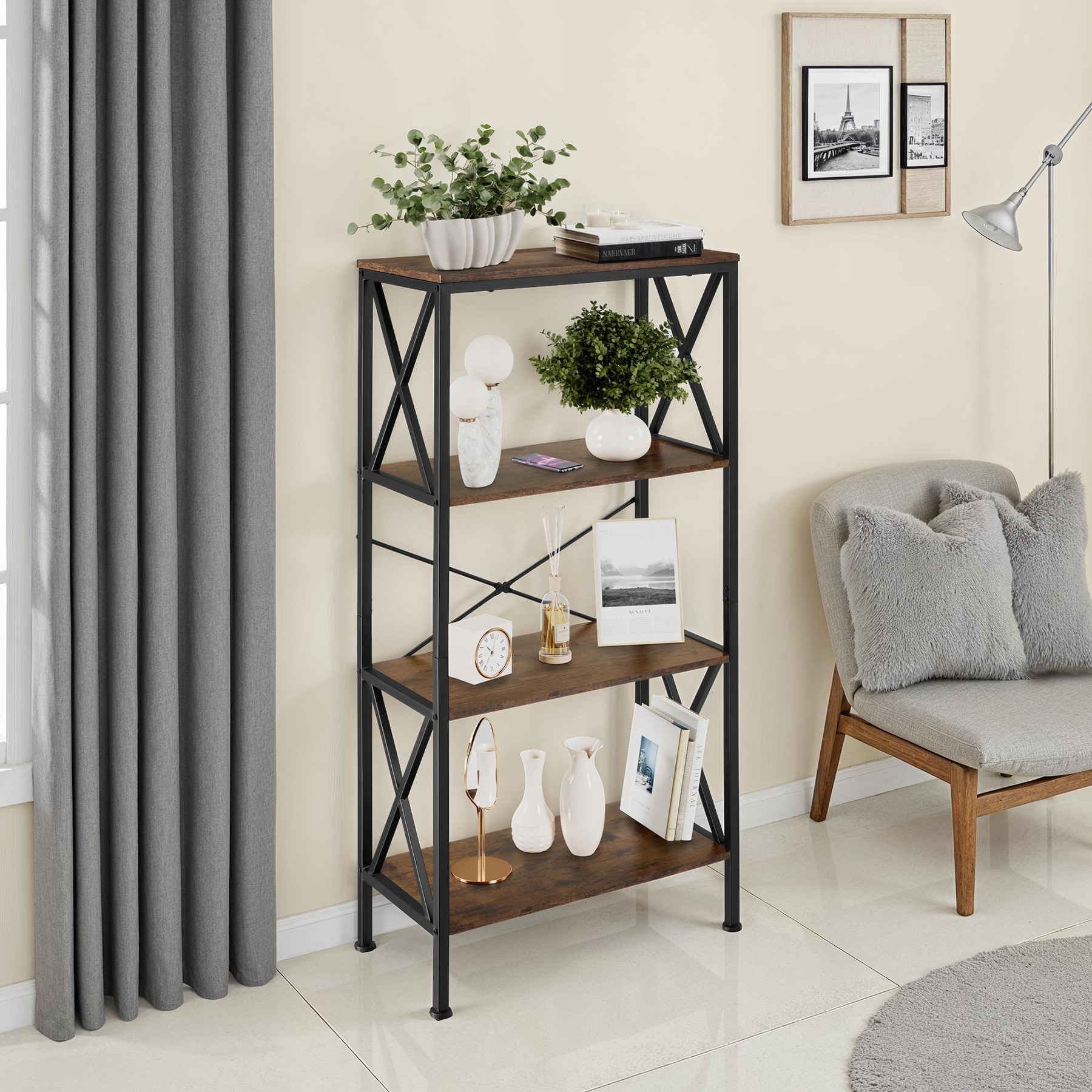 Scaffali alti libreria 4 ripiani scaffali cucina legno metallo stile industrial - Foto 13 di 25