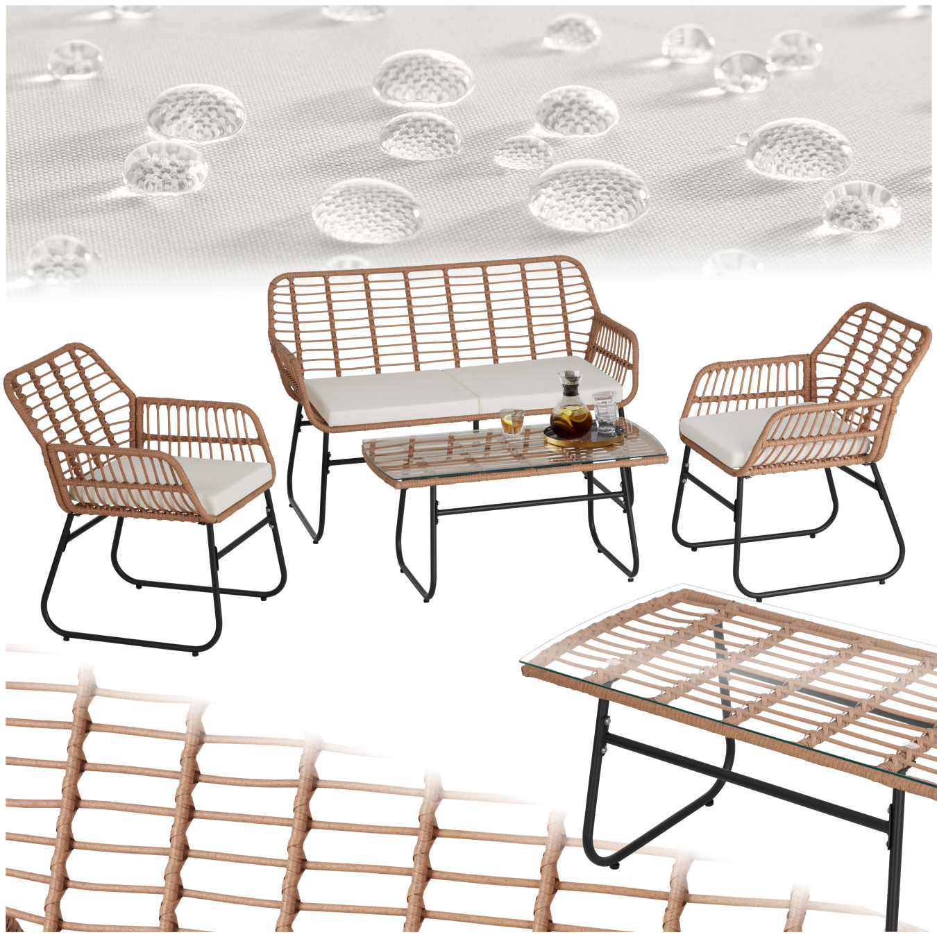 Rattan Sitzgruppe Molfetta XL für 4 Personen - natur - Rattanmöbel von tectake