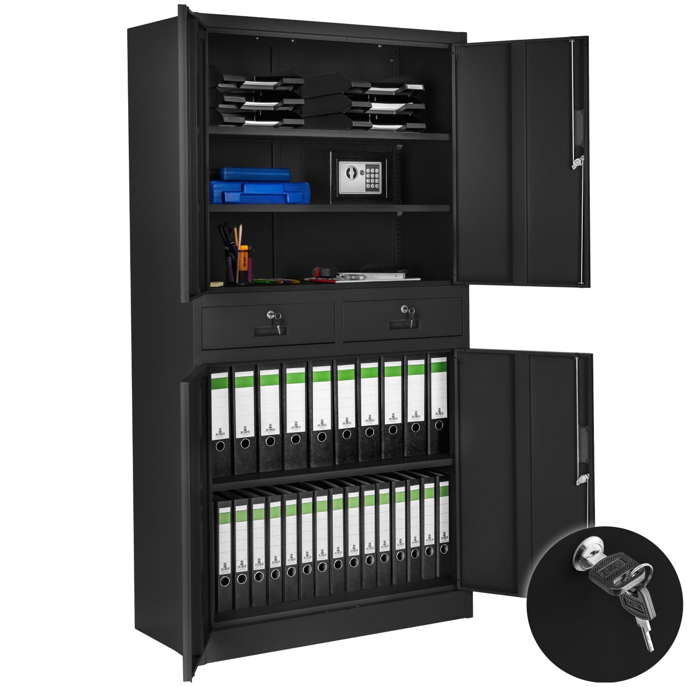Filing Cabinet Cosmo - 2 drawers, 5 adjustable shelves, 180 x 80 x 40 cm - black/black
