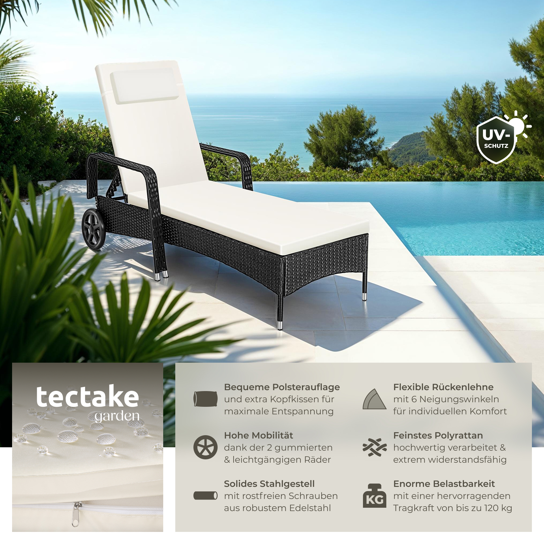 Sonnenliege klappbar Gartenliege Polyrattan Liegestuhl Strandliege robust 200 cm - Bild 75 von 145